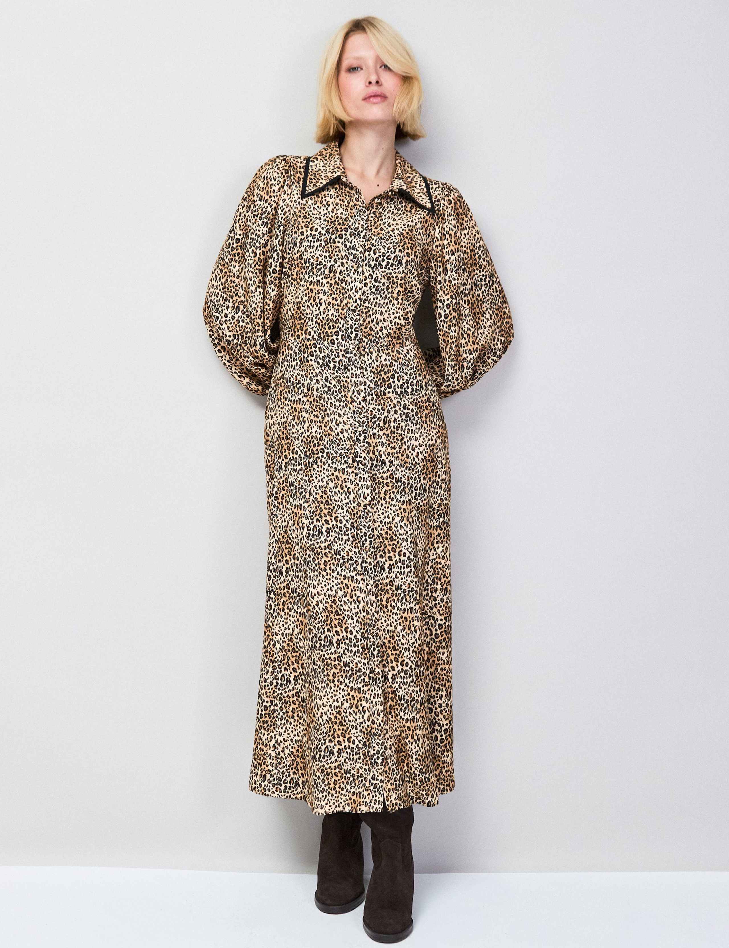 Leopard Print Collared Midaxi Shirt Dress 2 of 7
