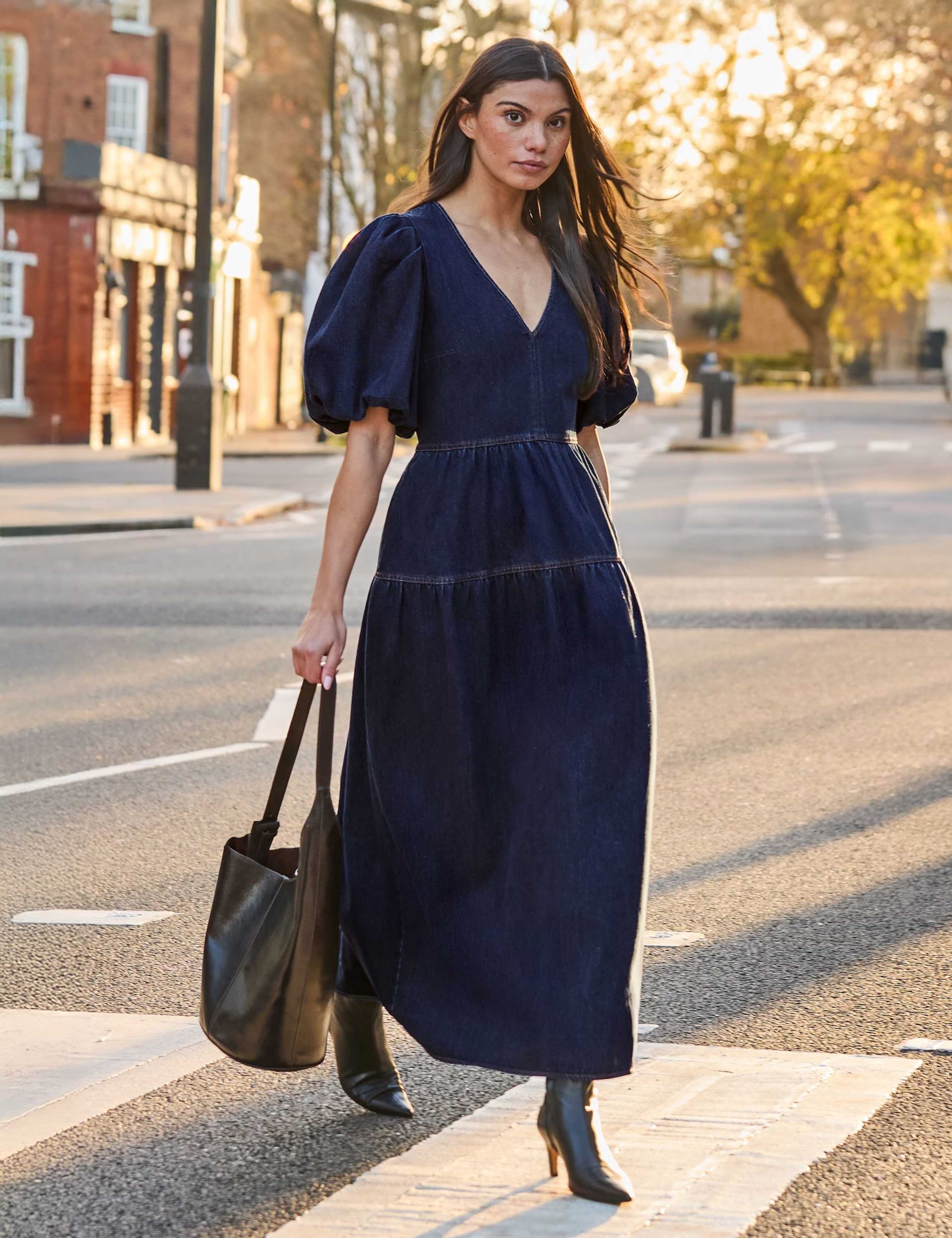 Cotton Rich Denim Puff Sleeve Maxi Dress 1 of 6