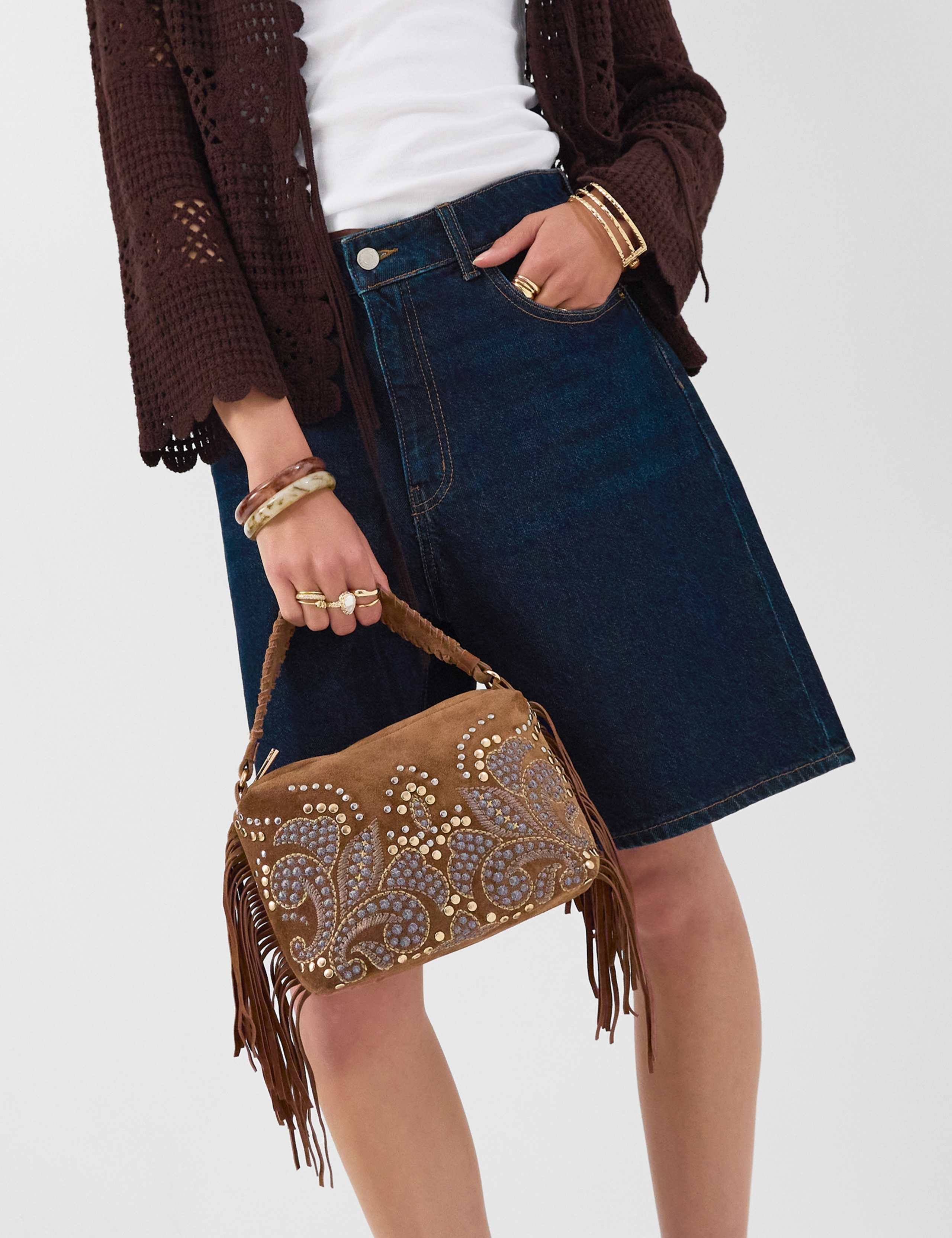 Suede Embellished Fringed Grab Bag 3 of 4