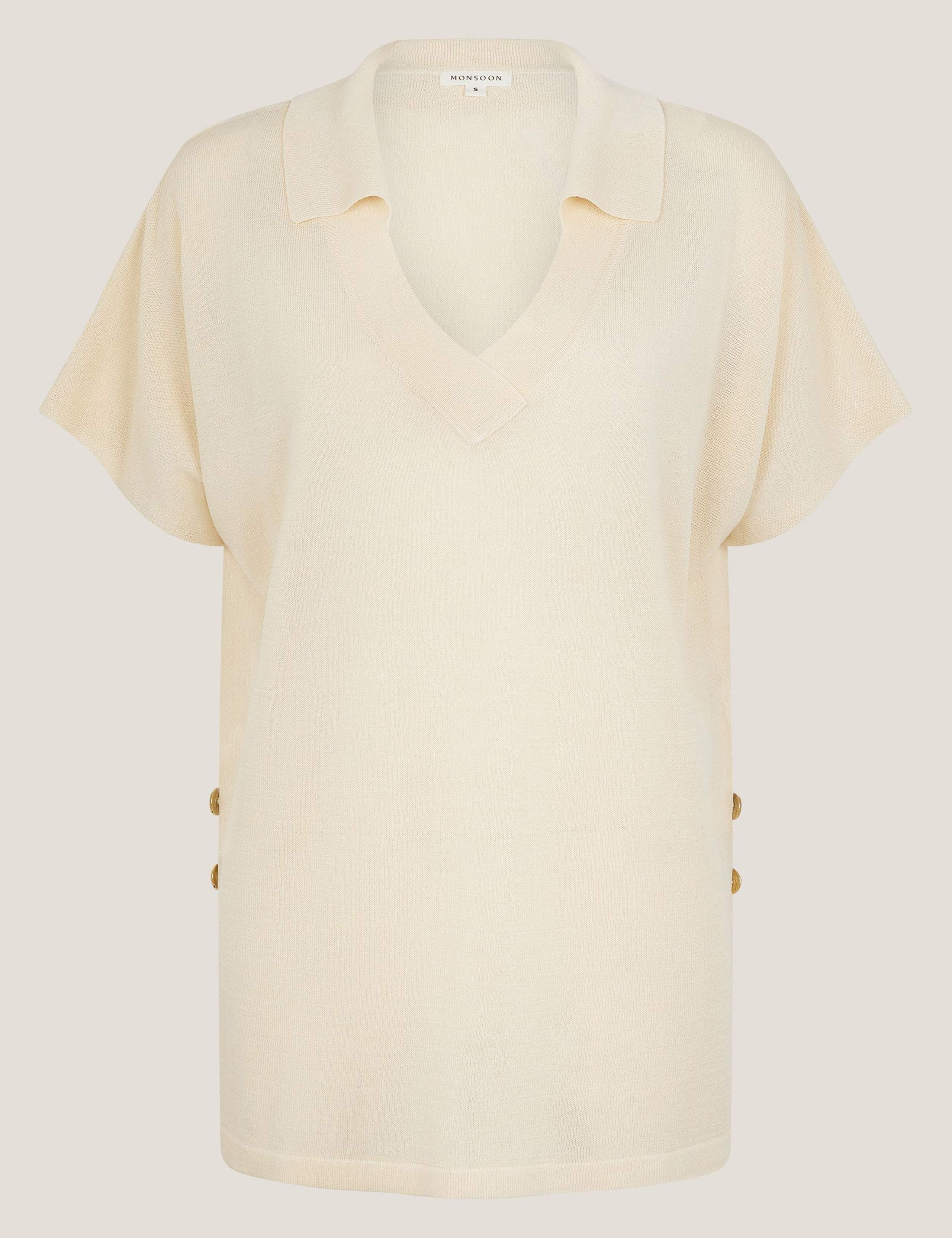 Knitted Collared V-Neck Top with Linen 2 of 5