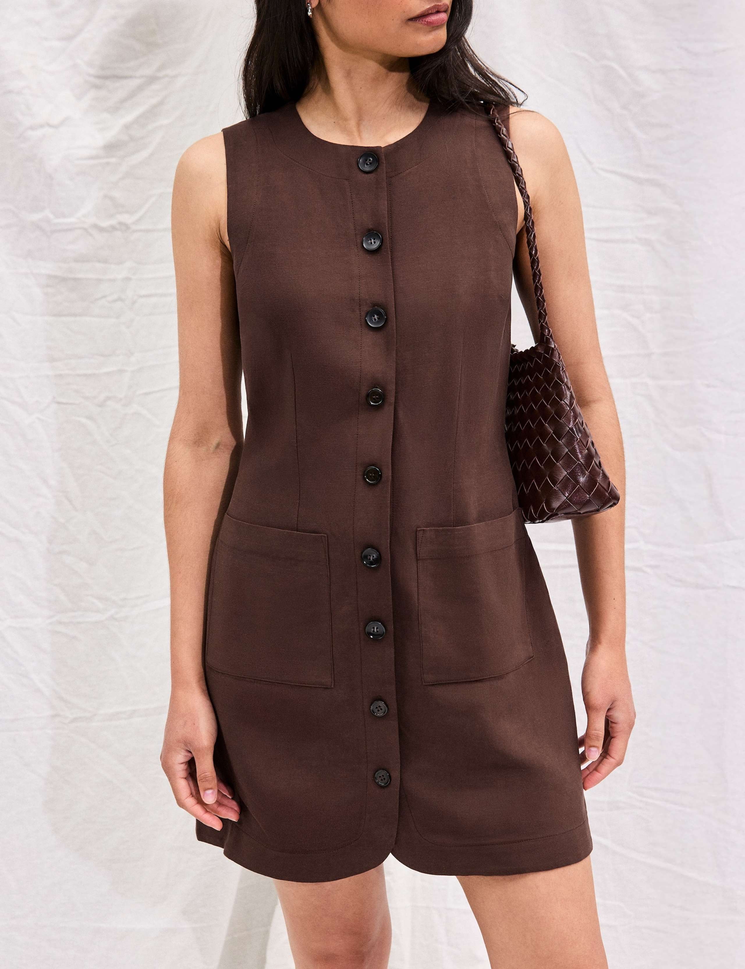 Button Front Mini Shift Dress with Linen 2 of 5