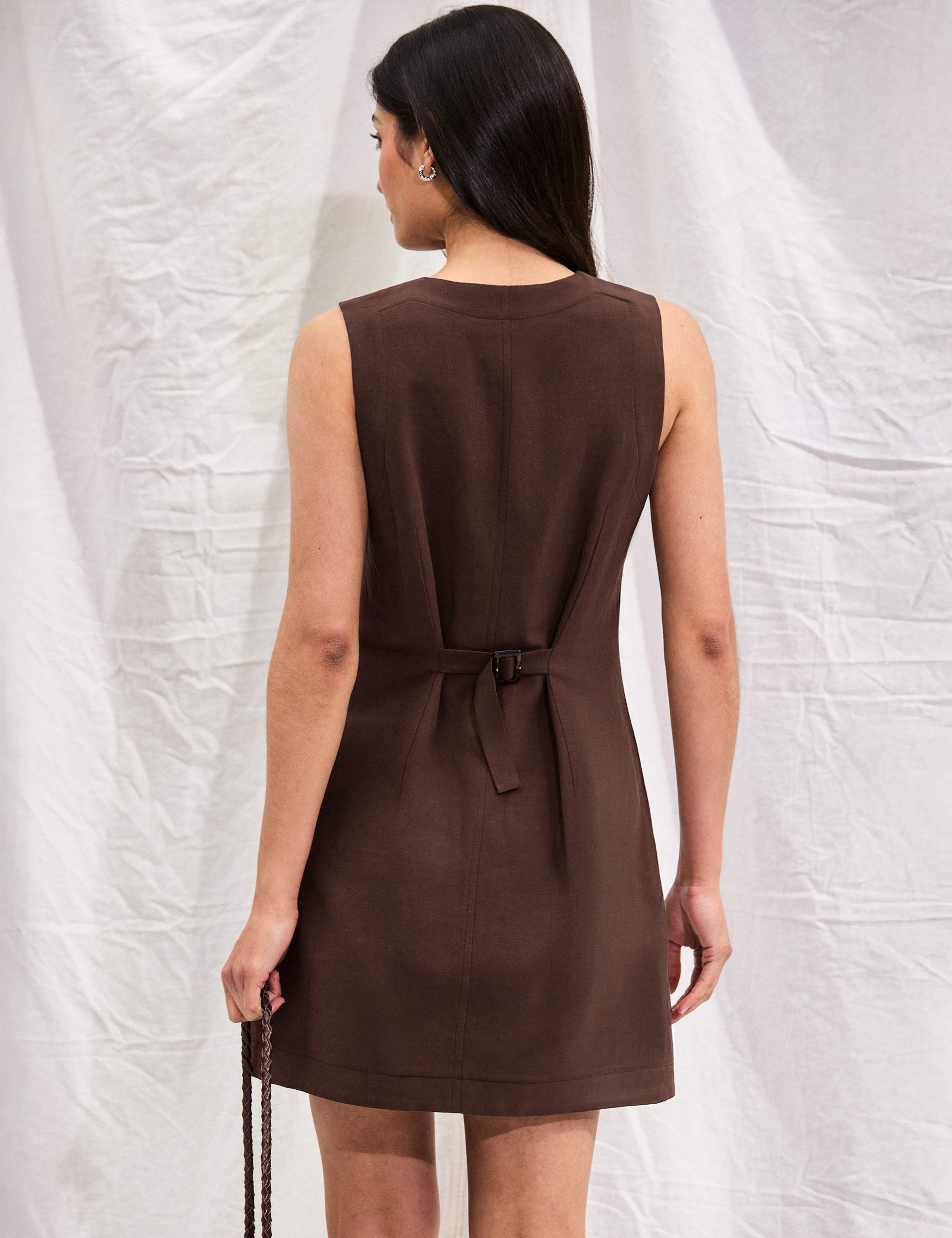 Button Front Mini Shift Dress with Linen 3 of 5
