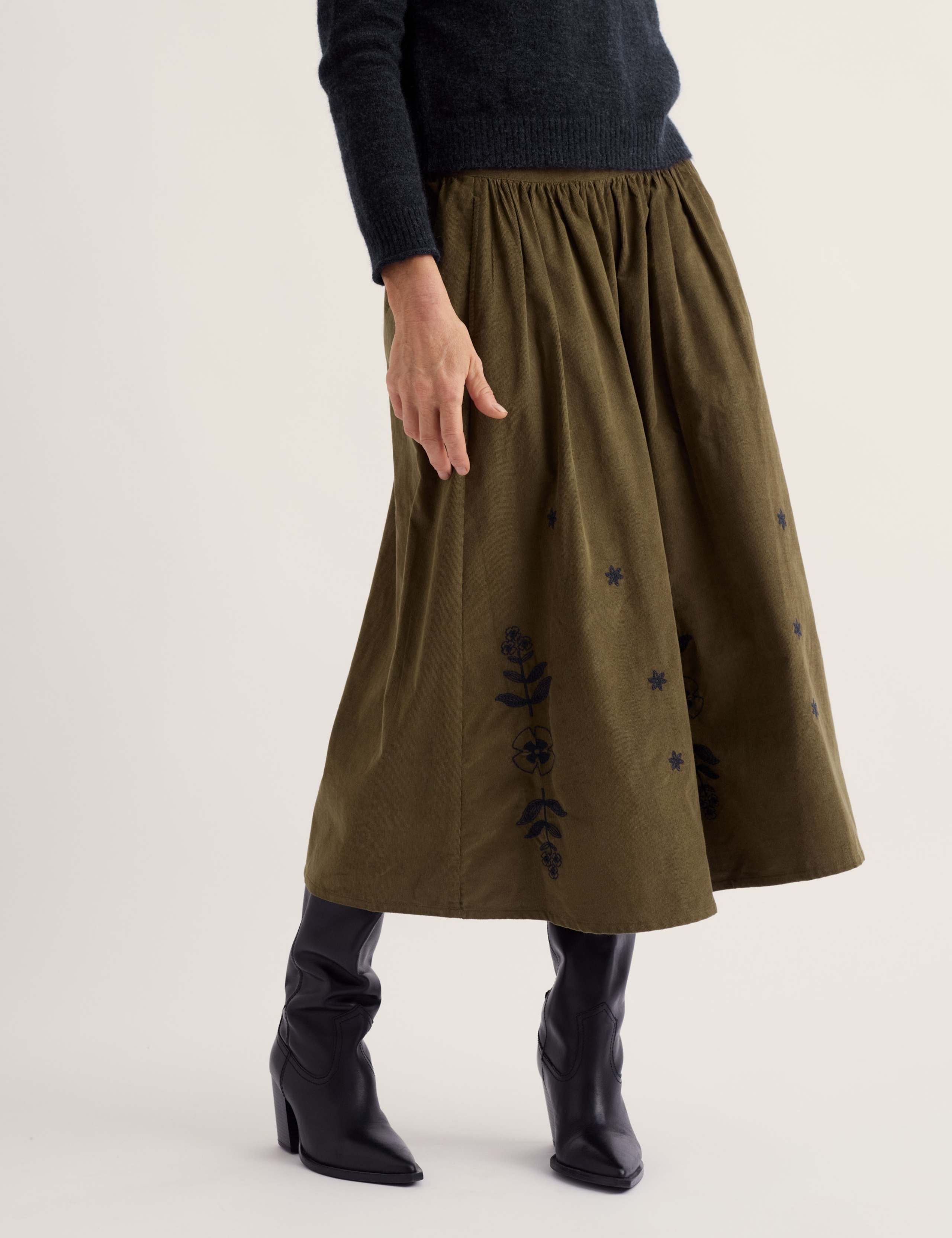 Pure Cotton Floral Embroidered Midi A-Line Skirt 3 of 5