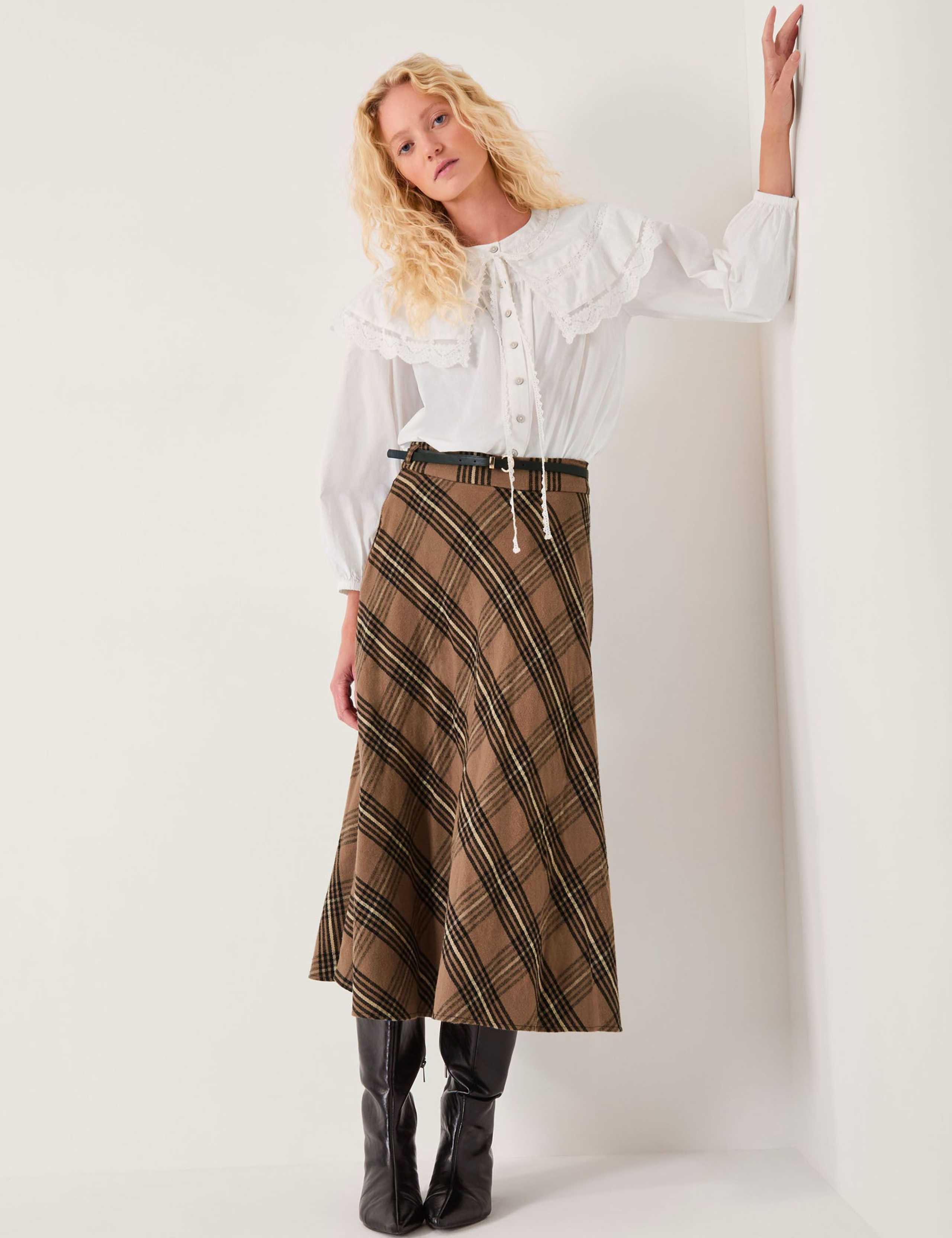 Pure Cotton Checked Midi A-Line Skirt 3 of 6
