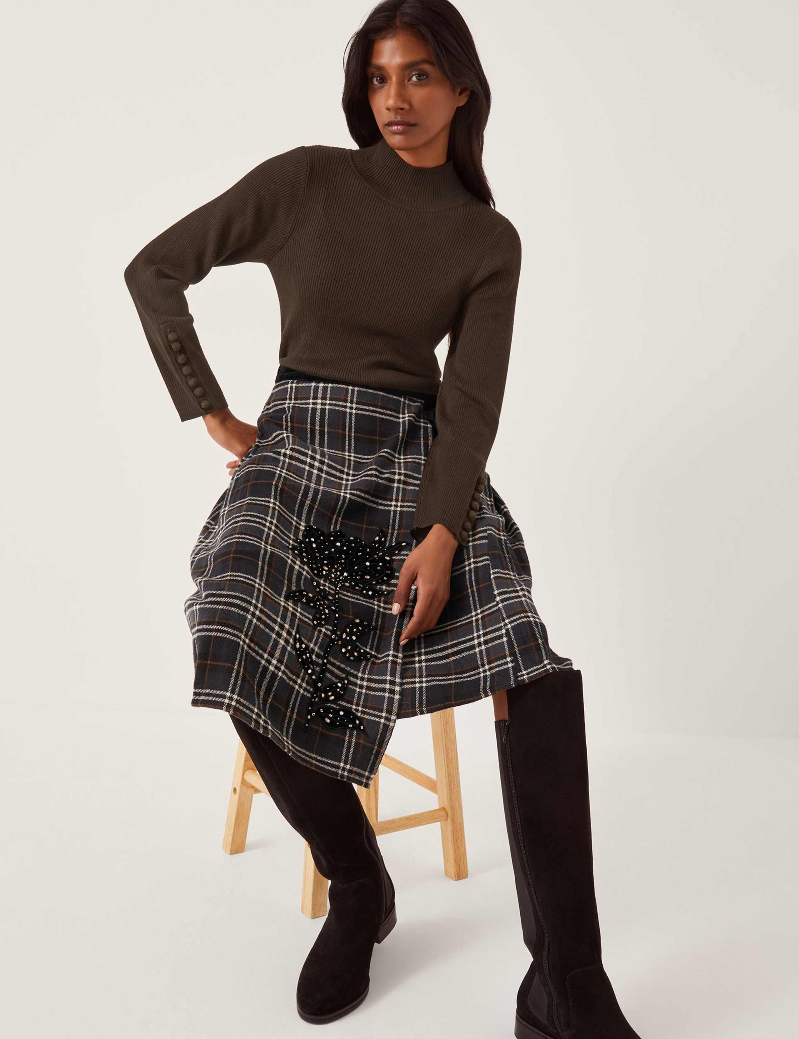 Pure Cotton Checked Midi Wrap Skirt 3 of 5