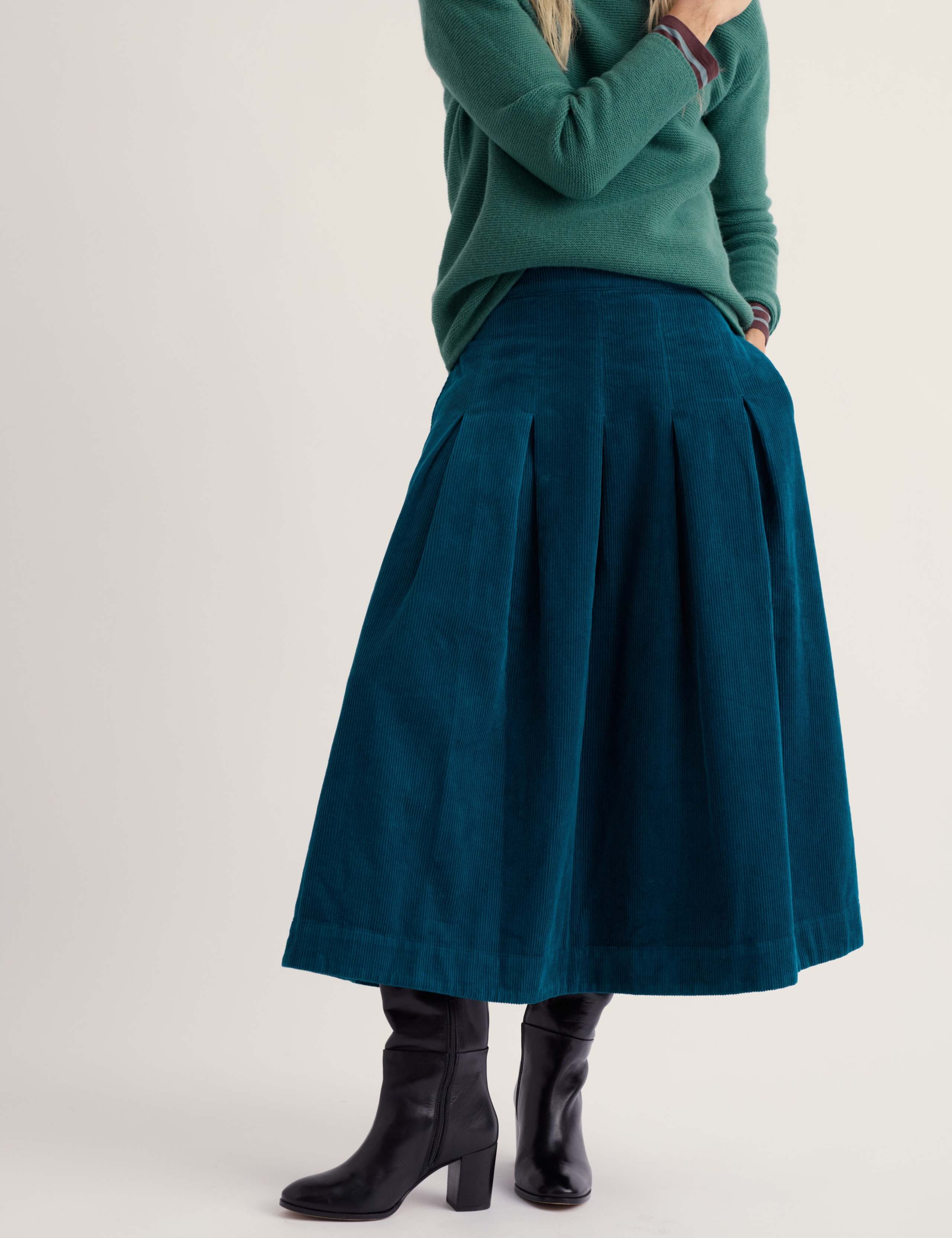 Cord Pleated Midi A-Line Skirt 3 of 5