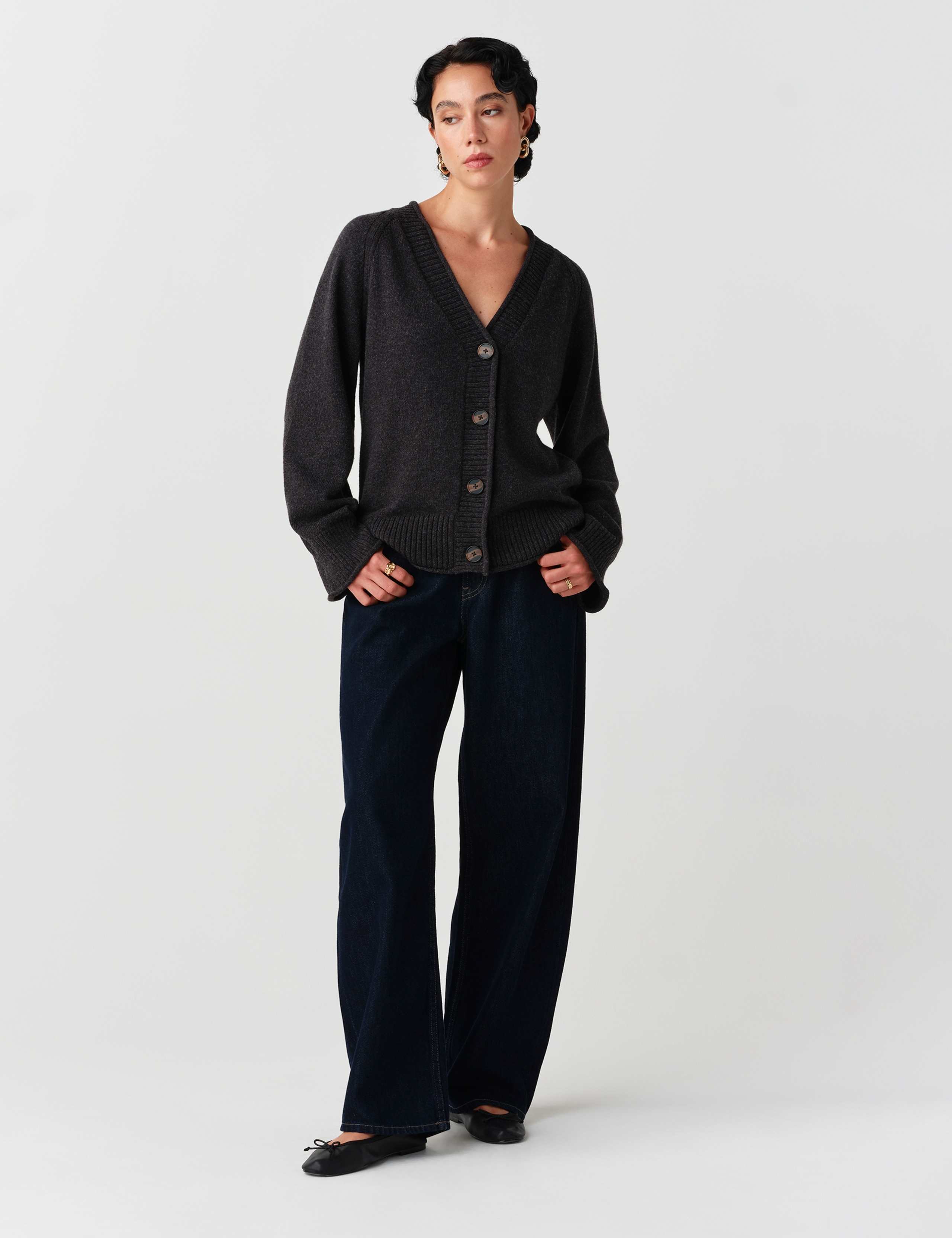Cotton Rich V Neck Button Front Cardigan with Wool 2 of 10
