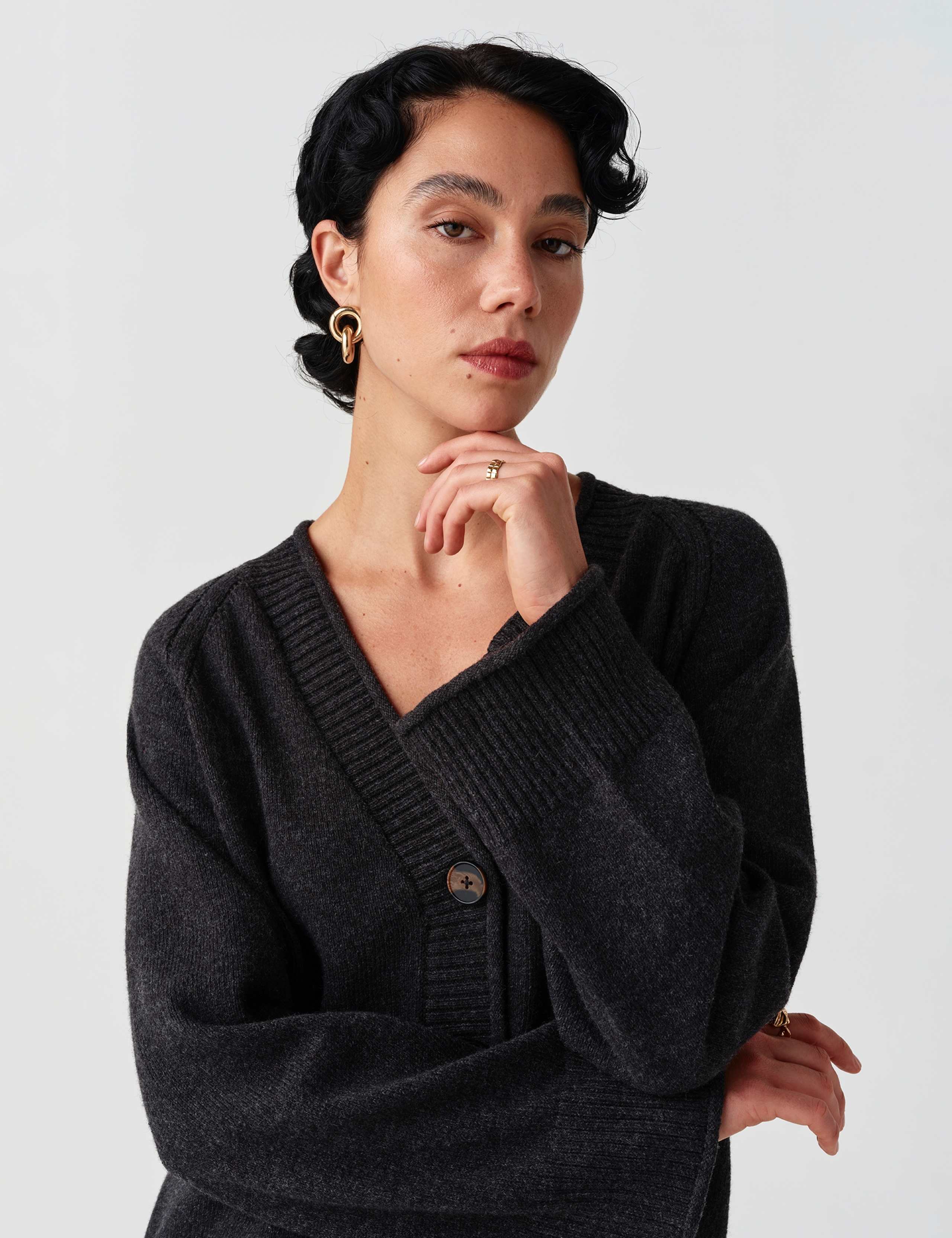 Cotton Rich V Neck Button Front Cardigan with Wool 3 of 10