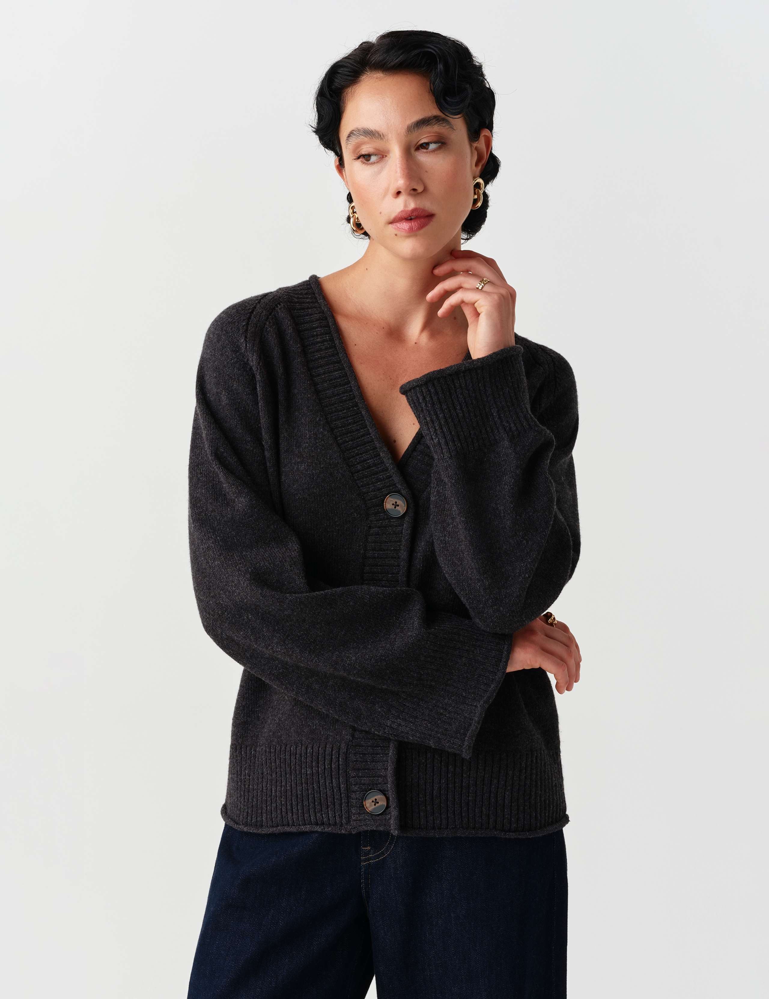 Cotton Rich V Neck Button Front Cardigan with Wool 4 of 10