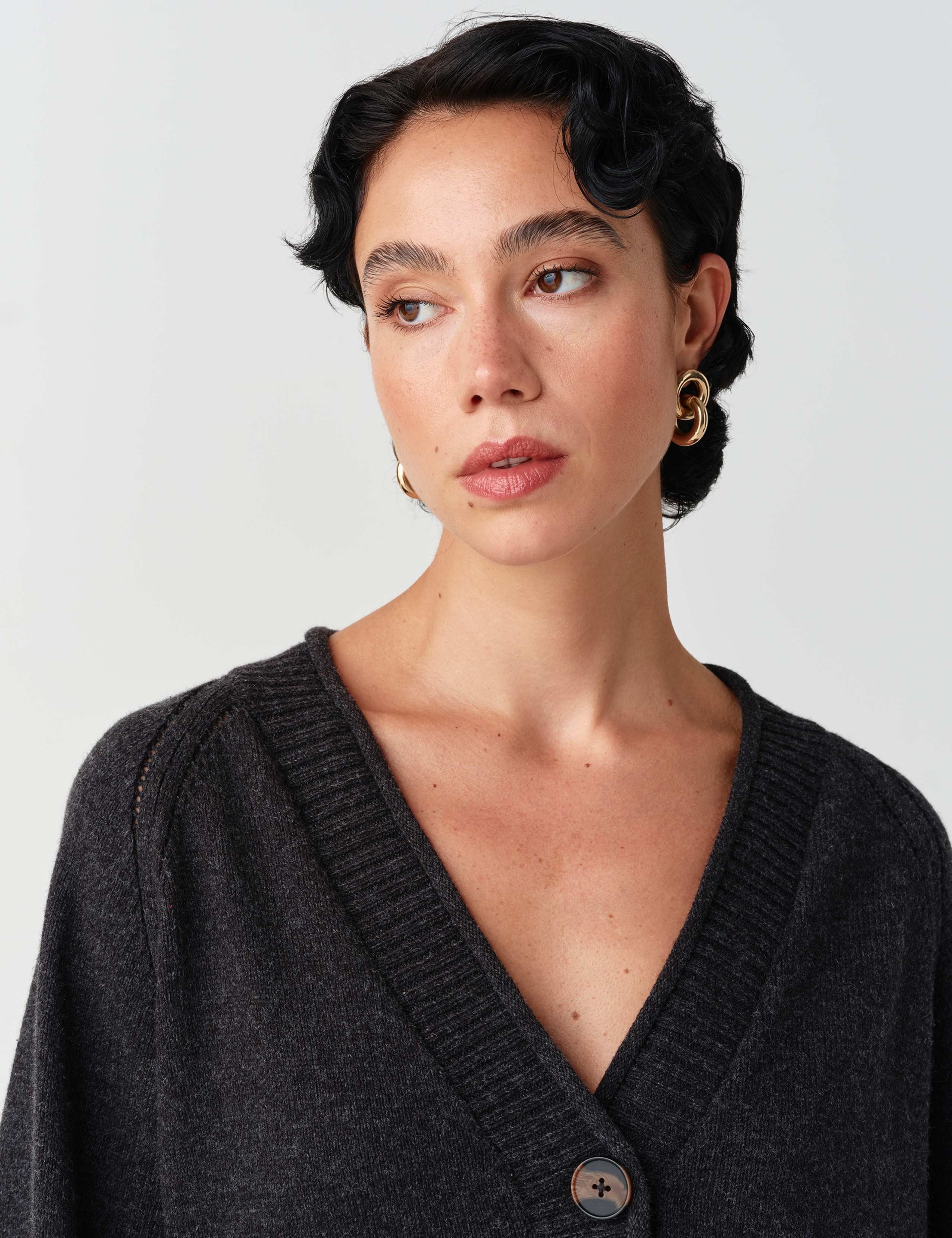 Cotton Rich V Neck Button Front Cardigan with Wool 5 of 10
