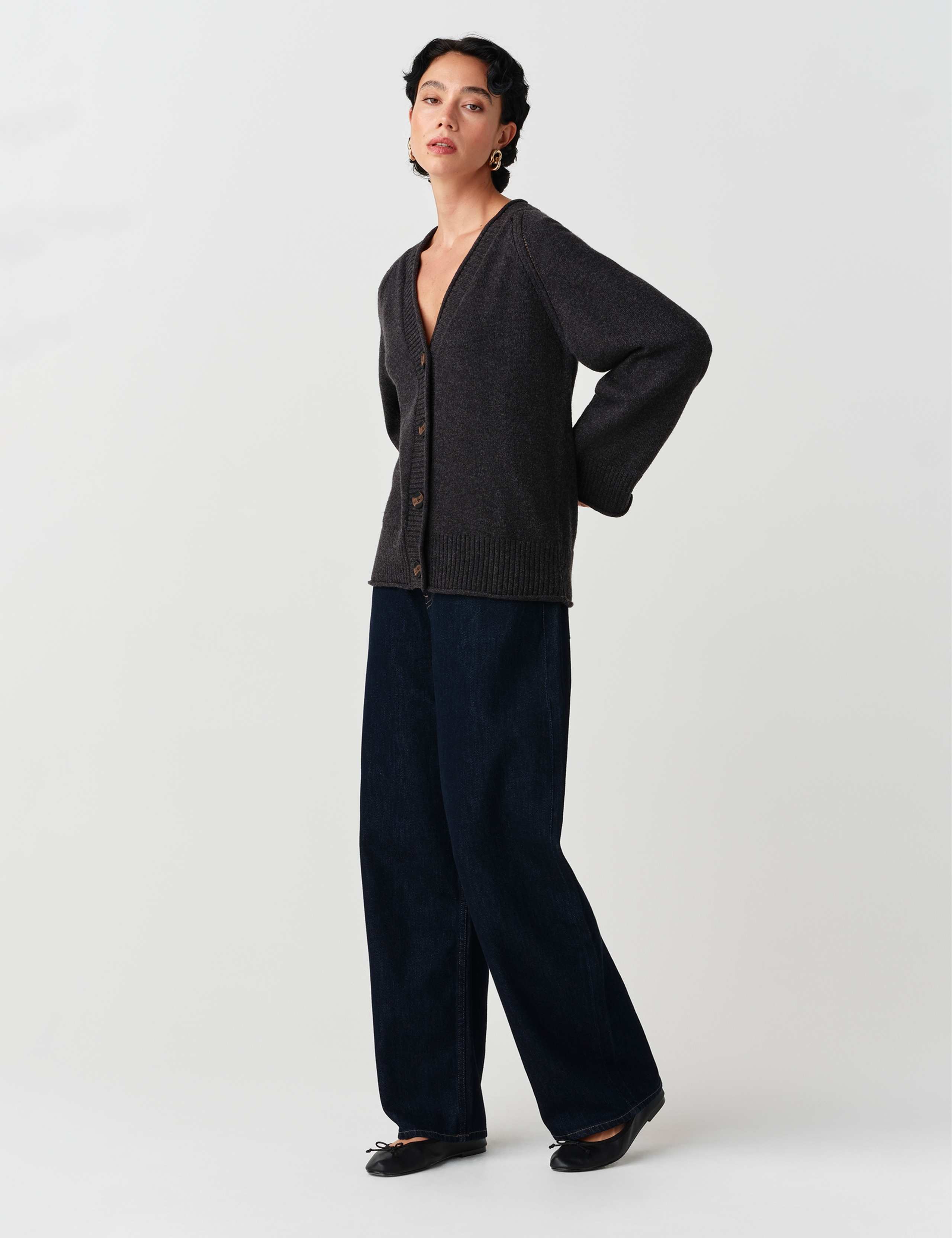 Cotton Rich V Neck Button Front Cardigan with Wool 7 of 10