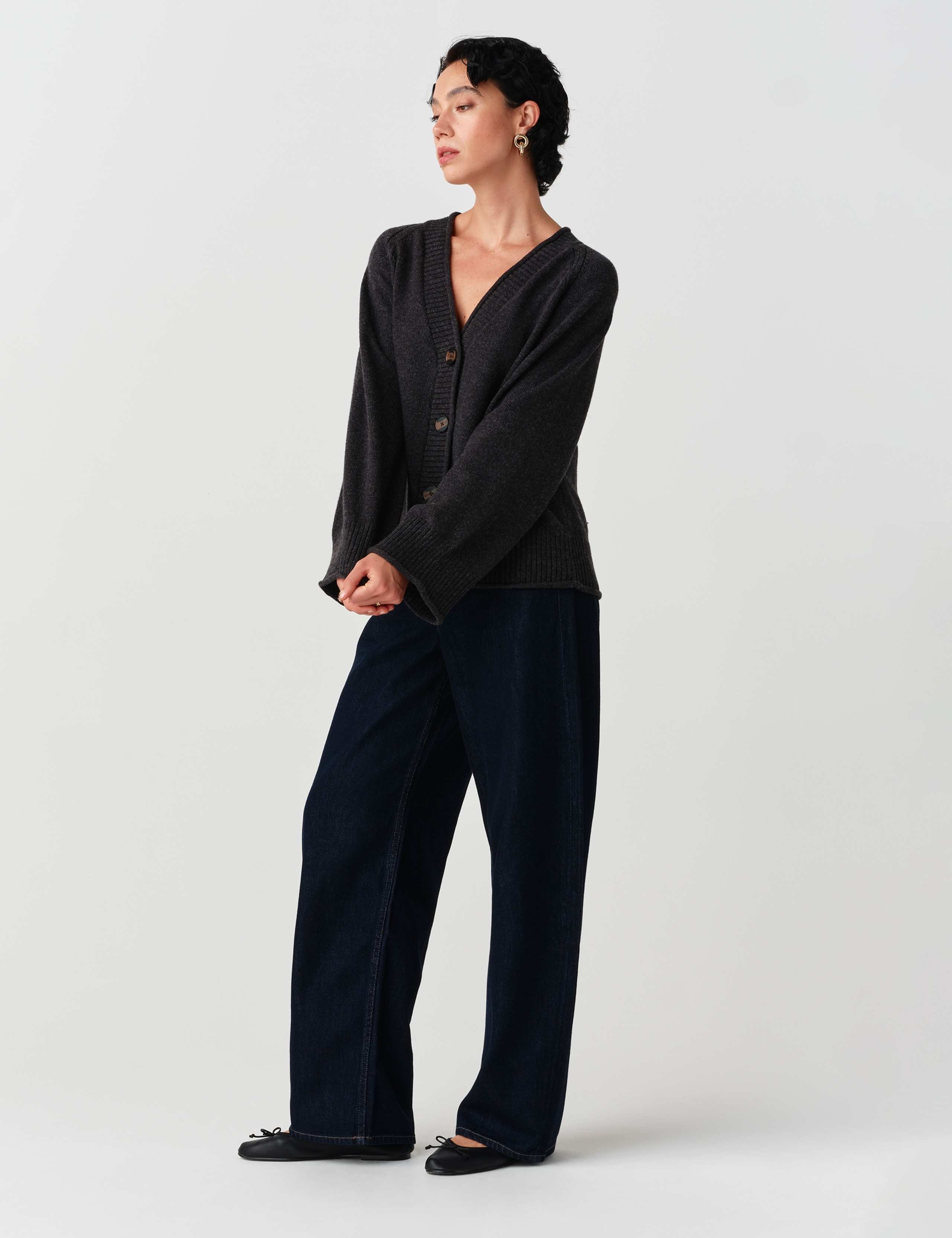 Cotton Rich V Neck Button Front Cardigan with Wool 8 of 10