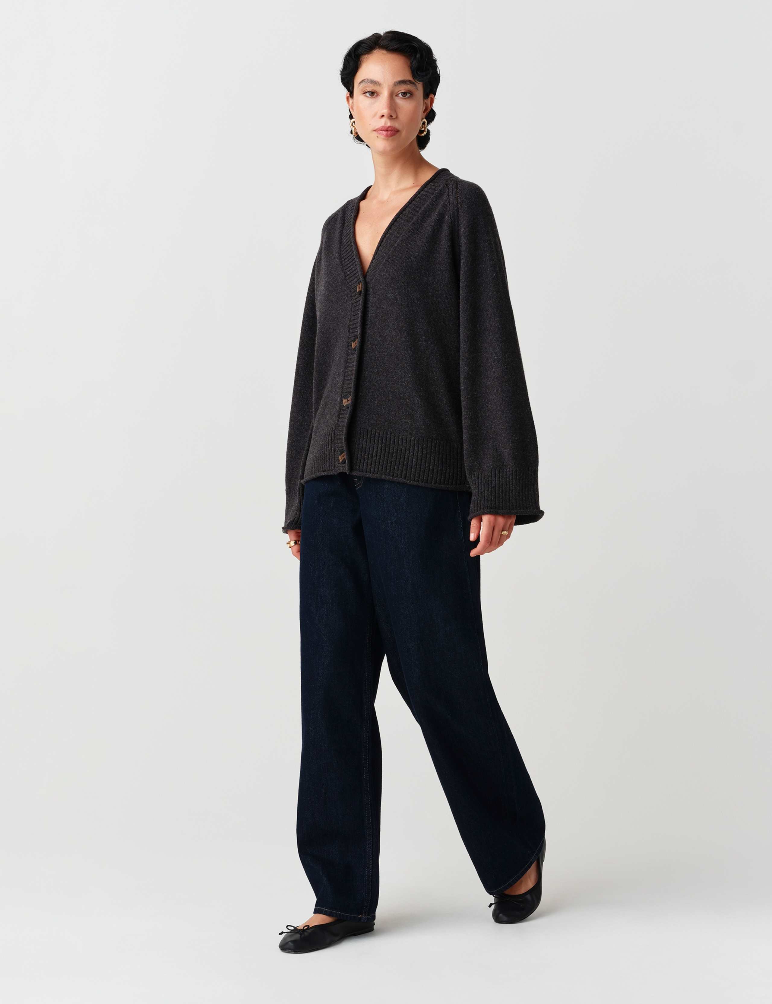 Cotton Rich V Neck Button Front Cardigan with Wool 9 of 10