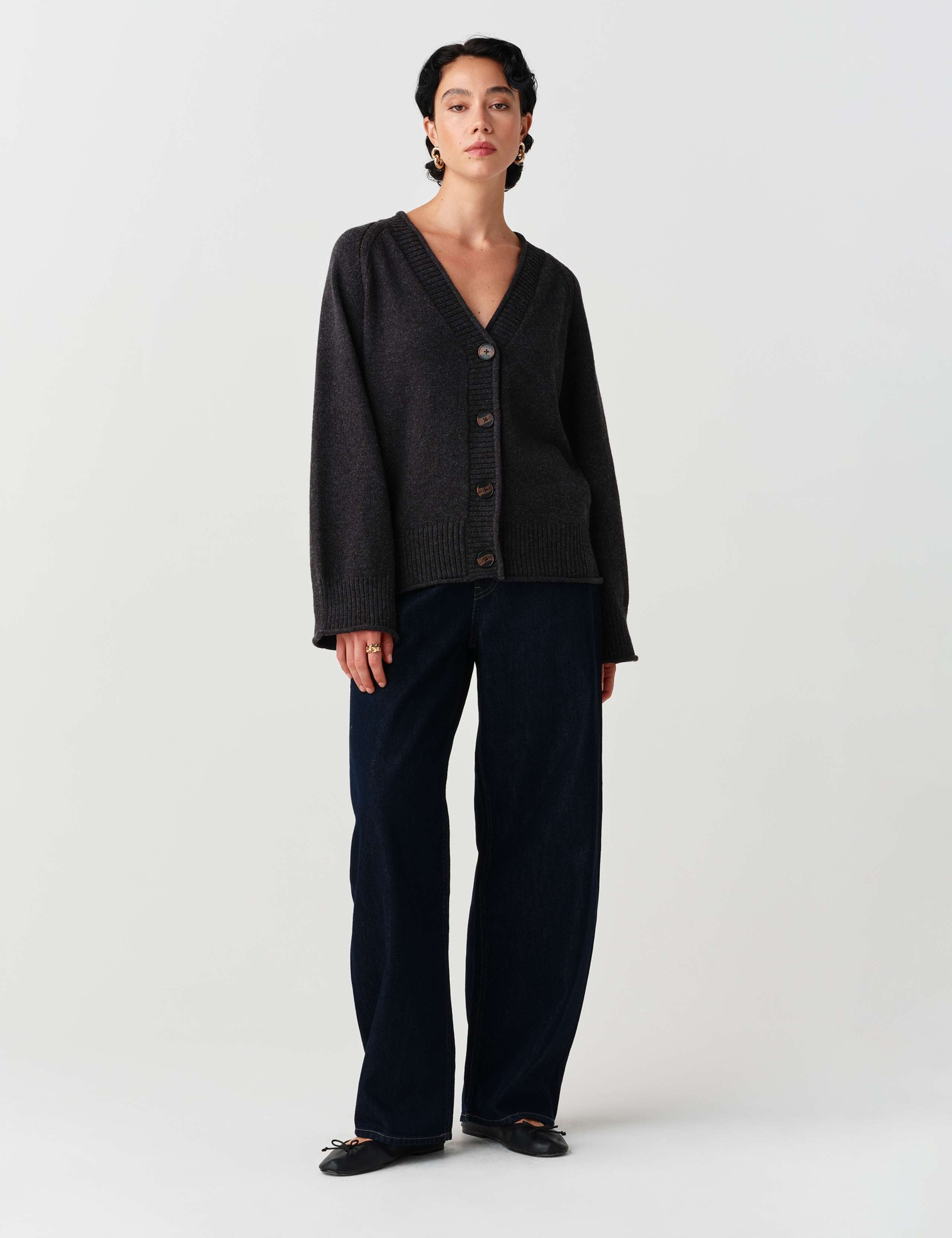 Cotton Rich V Neck Button Front Cardigan with Wool 10 of 10