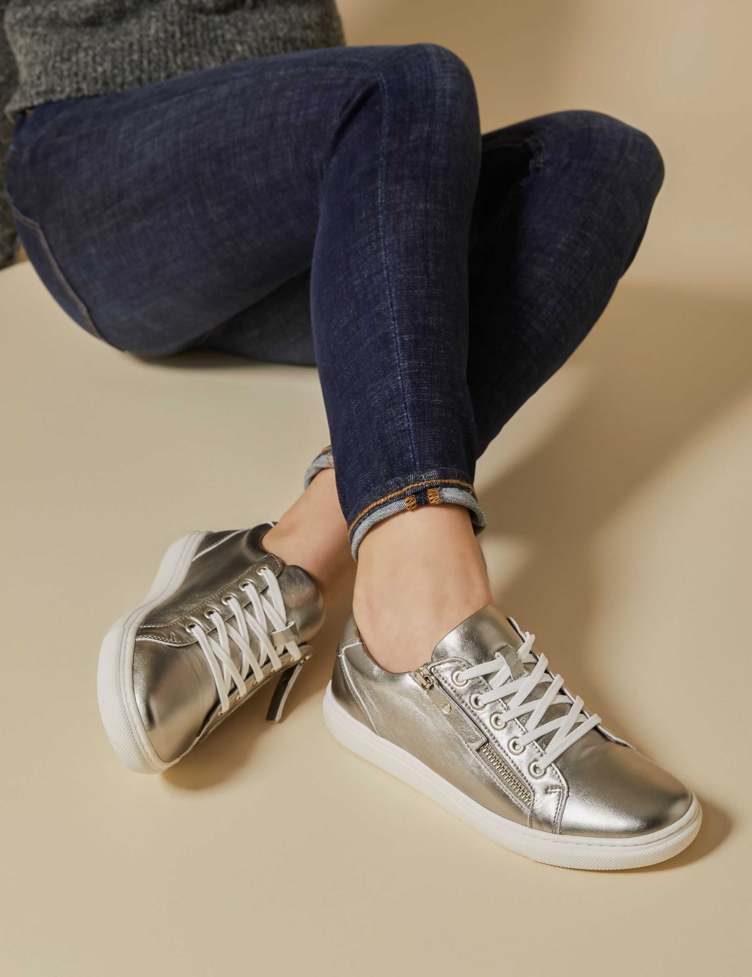 Wide Fit Leather Metallic Side Zip Trainers 1 of 7