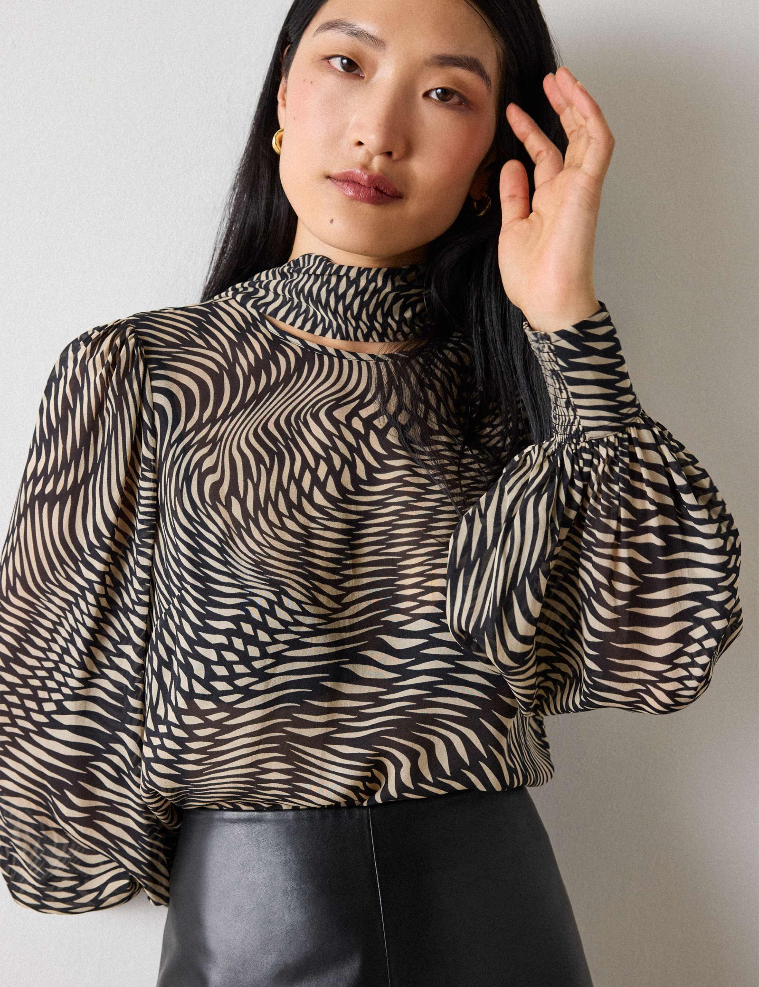 Sheer Geometric Viscose Cuffed Top 1 of 5