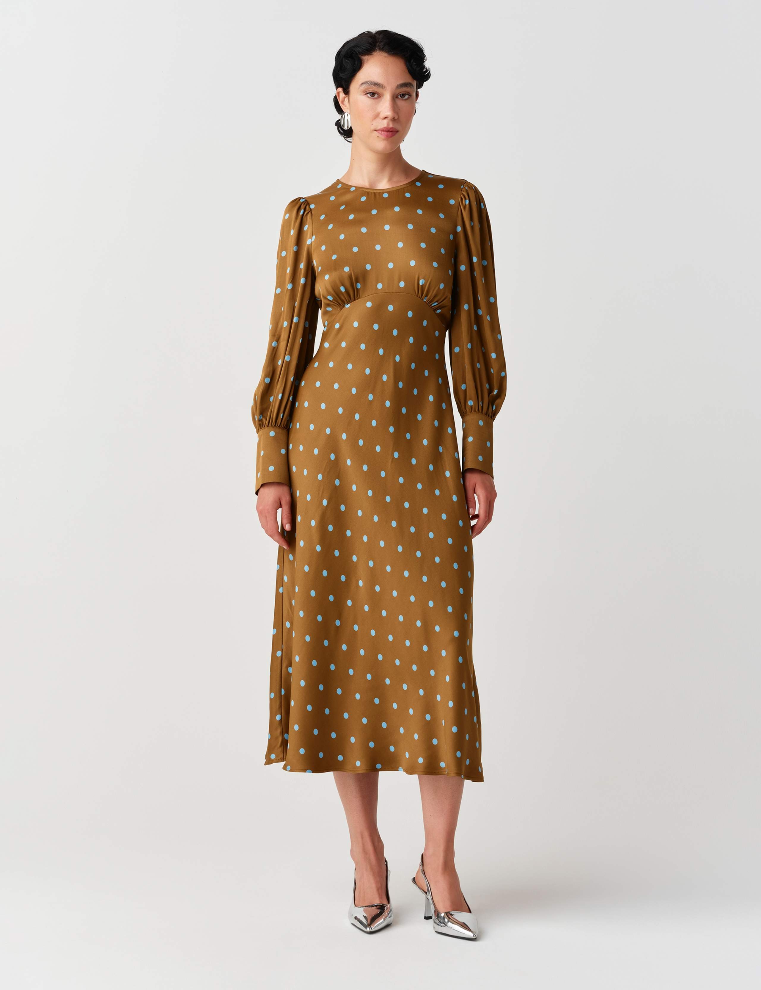 Satin Crepe Polka Dot Midi Skater Dress 1 of 10