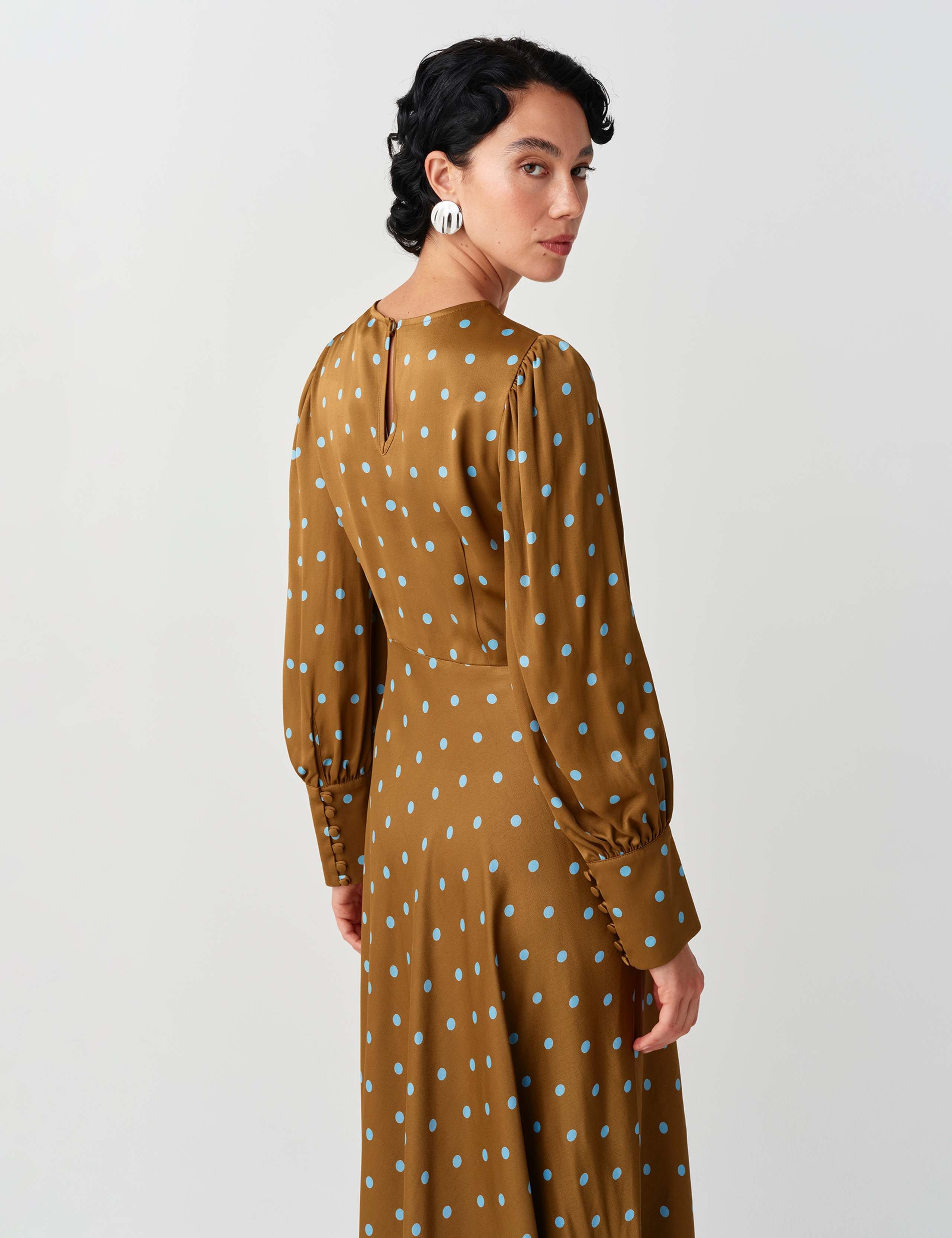 Satin Crepe Polka Dot Midi Skater Dress 2 of 10