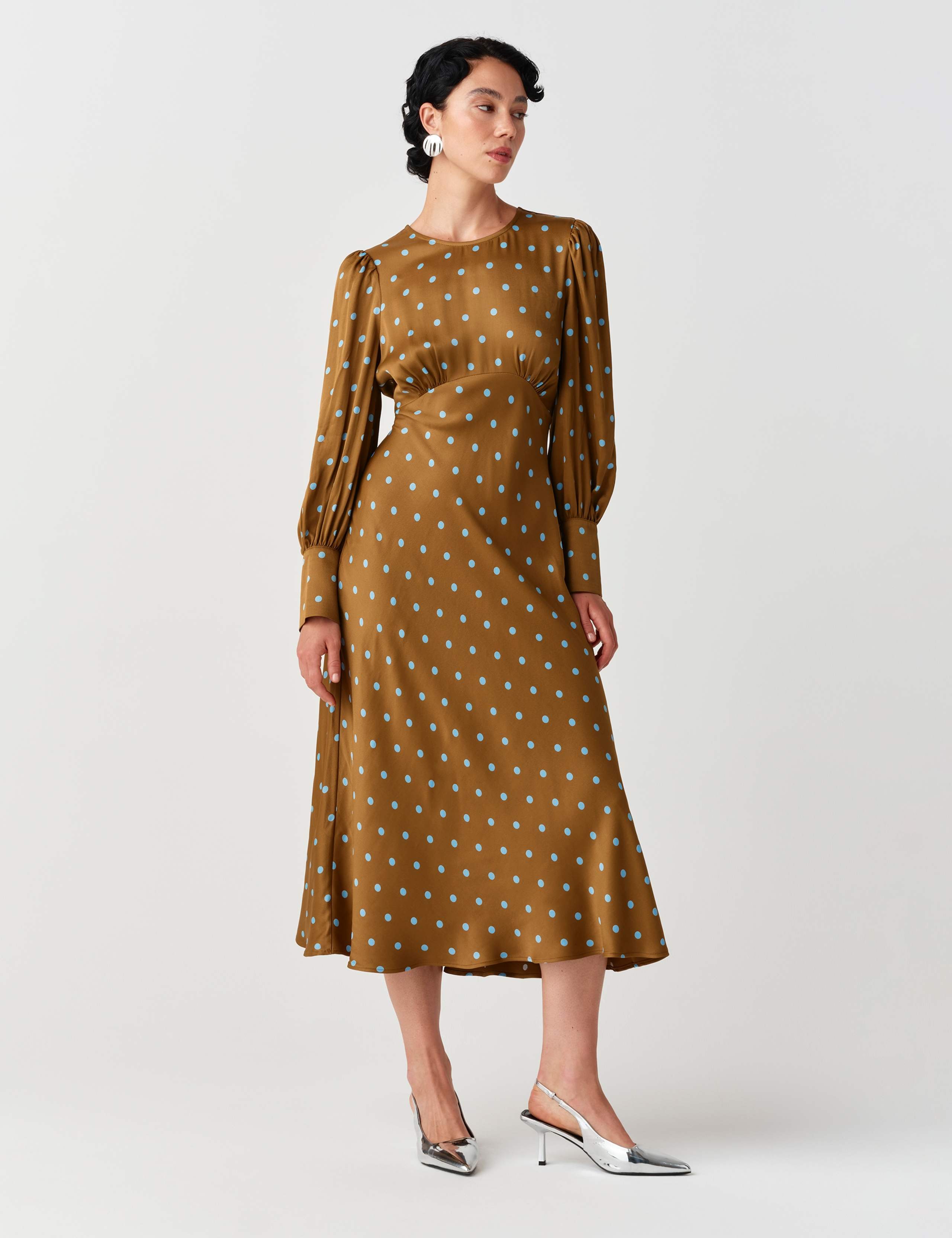 Satin Crepe Polka Dot Midi Skater Dress 3 of 10