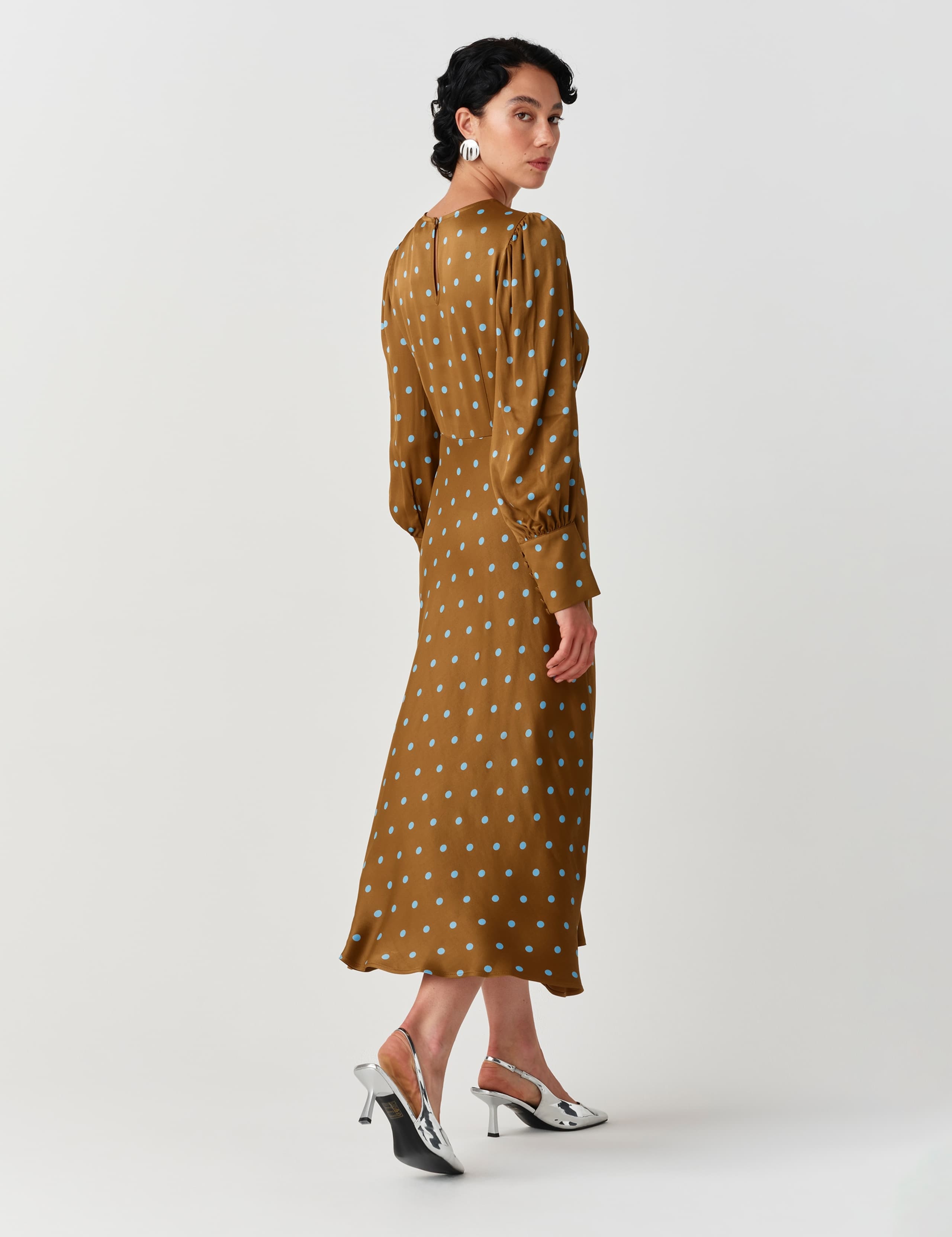 Satin Crepe Polka Dot Midi Skater Dress 4 of 10