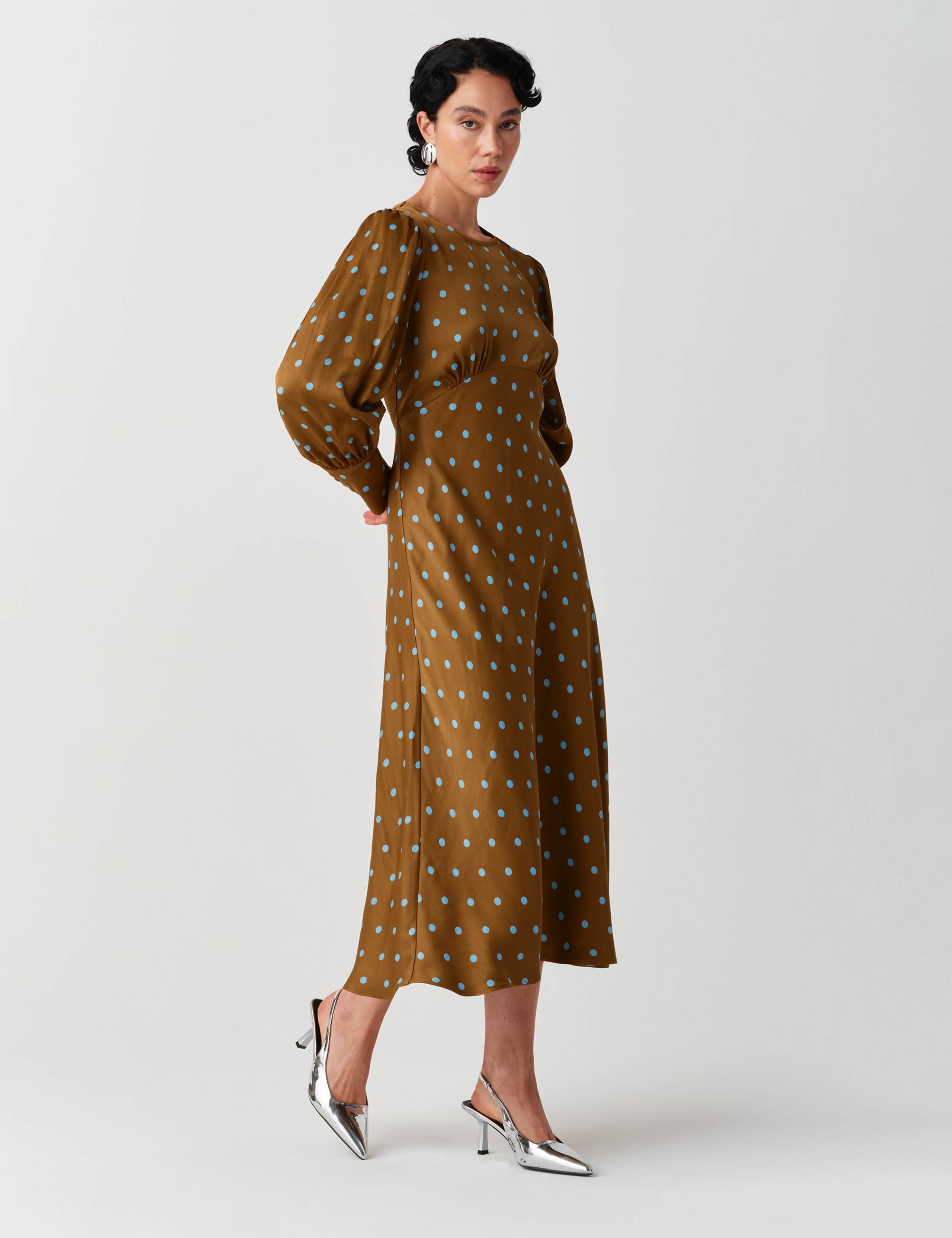 Satin Crepe Polka Dot Midi Skater Dress 5 of 10