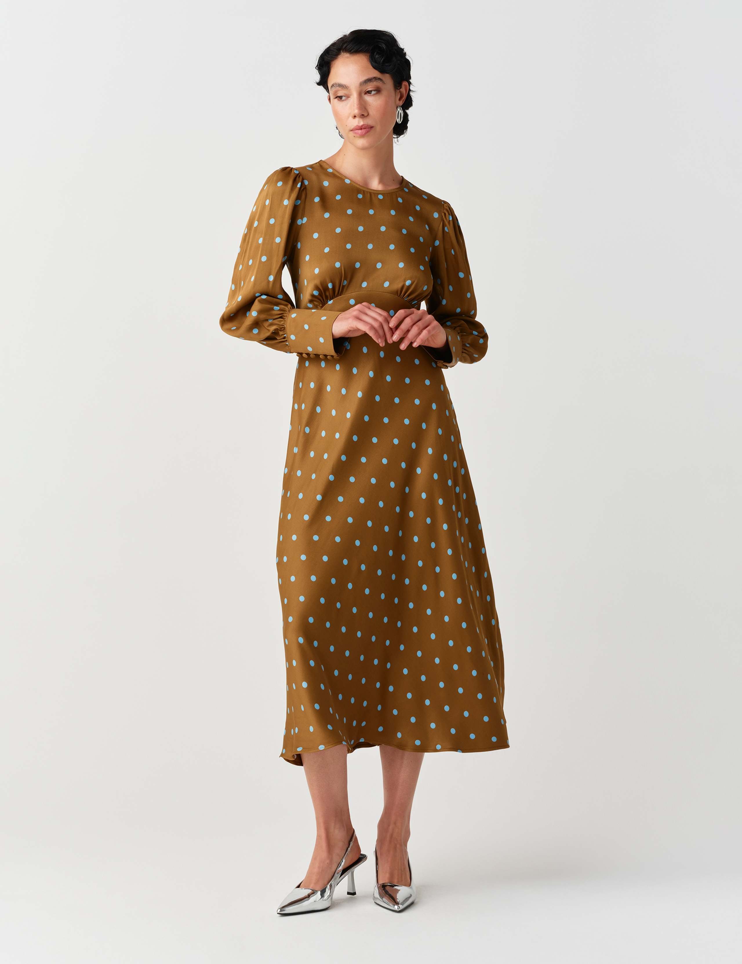 Satin Crepe Polka Dot Midi Skater Dress 6 of 10