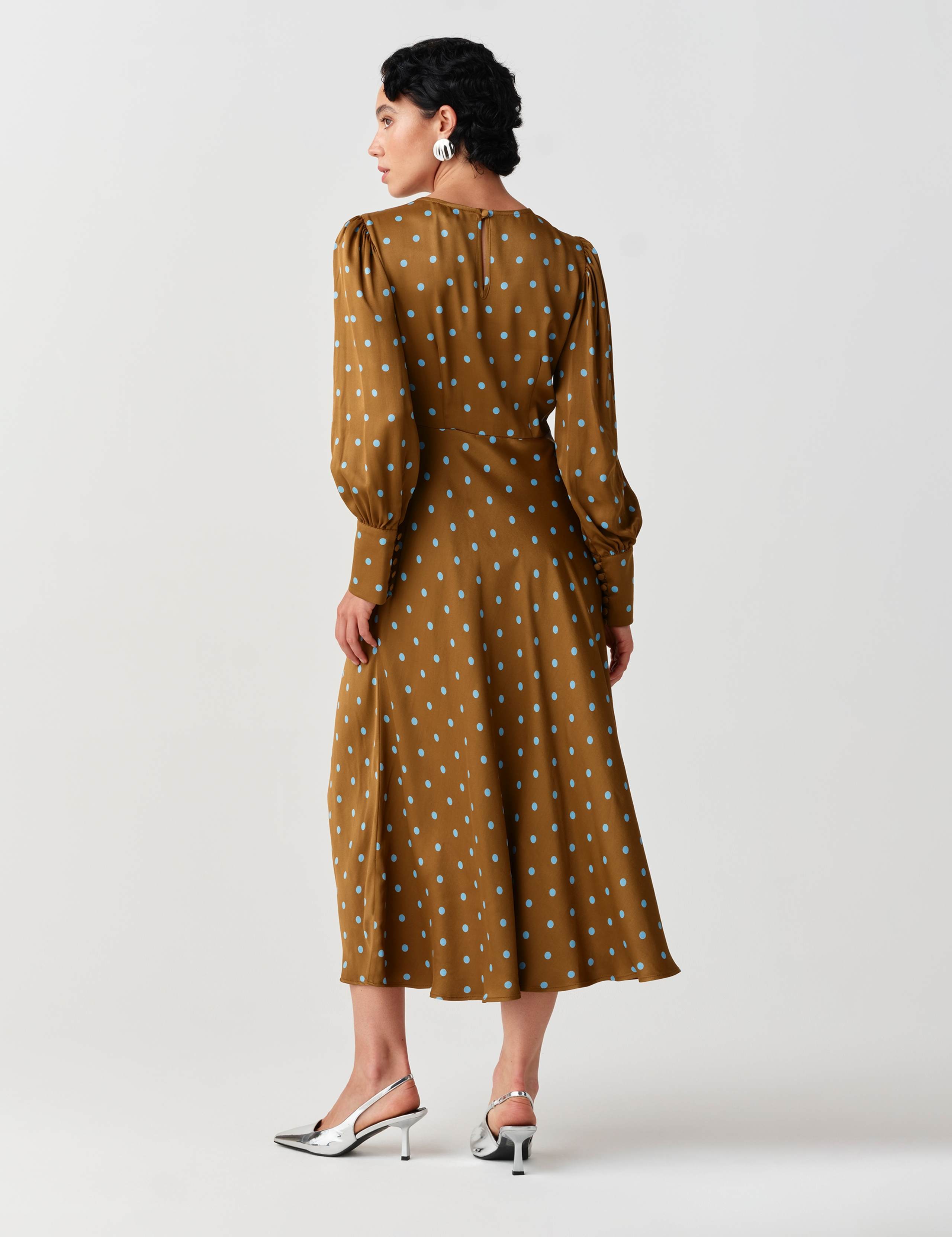 Satin Crepe Polka Dot Midi Skater Dress 7 of 10