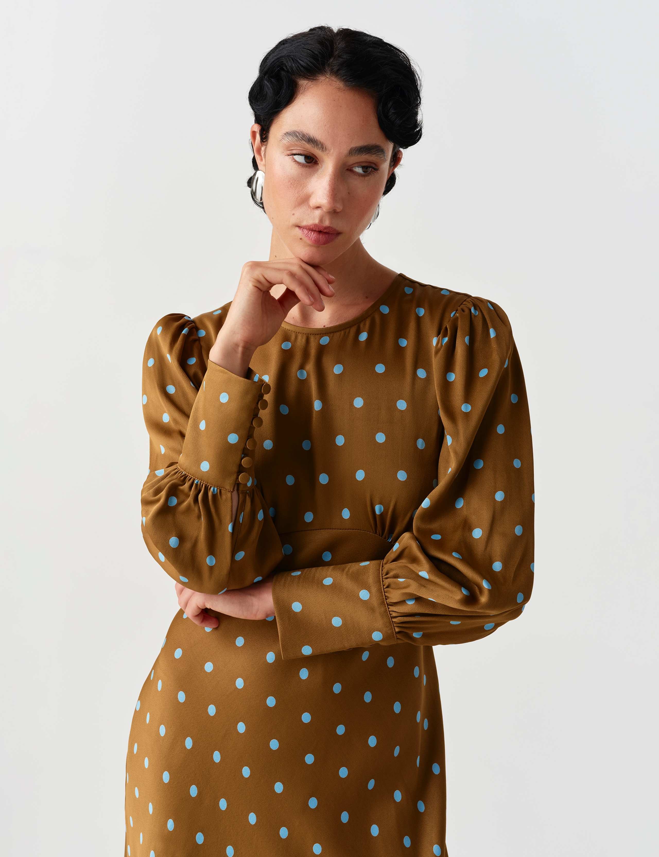 Satin Crepe Polka Dot Midi Skater Dress 8 of 10