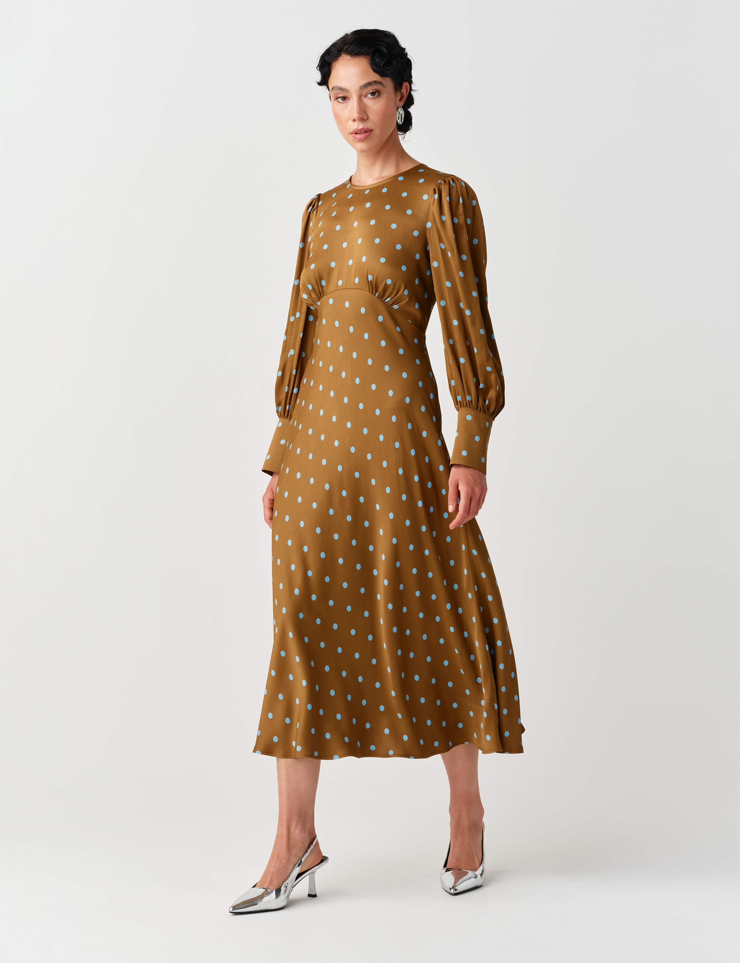 Satin Crepe Polka Dot Midi Skater Dress 9 of 10