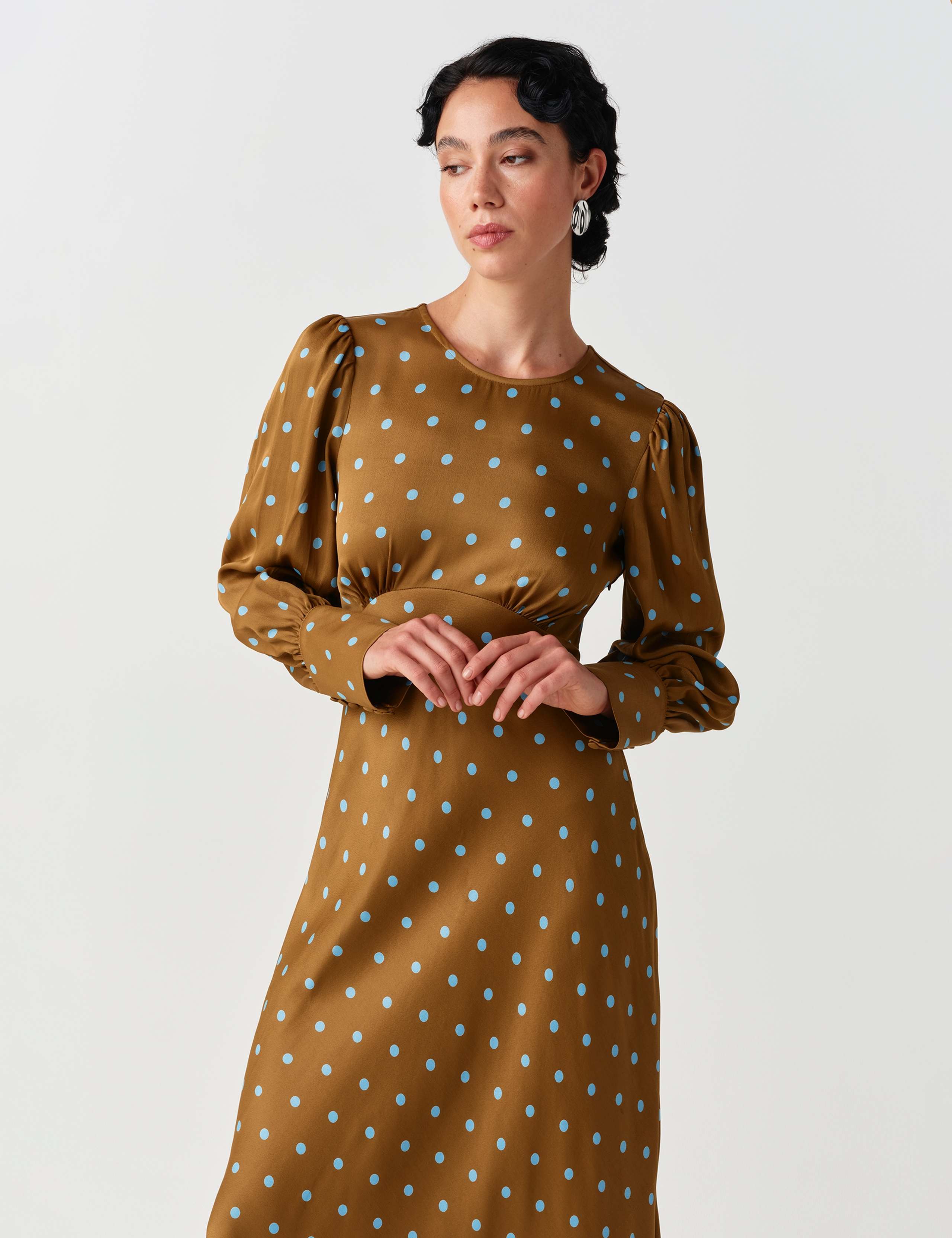 Satin Crepe Polka Dot Midi Skater Dress 10 of 10