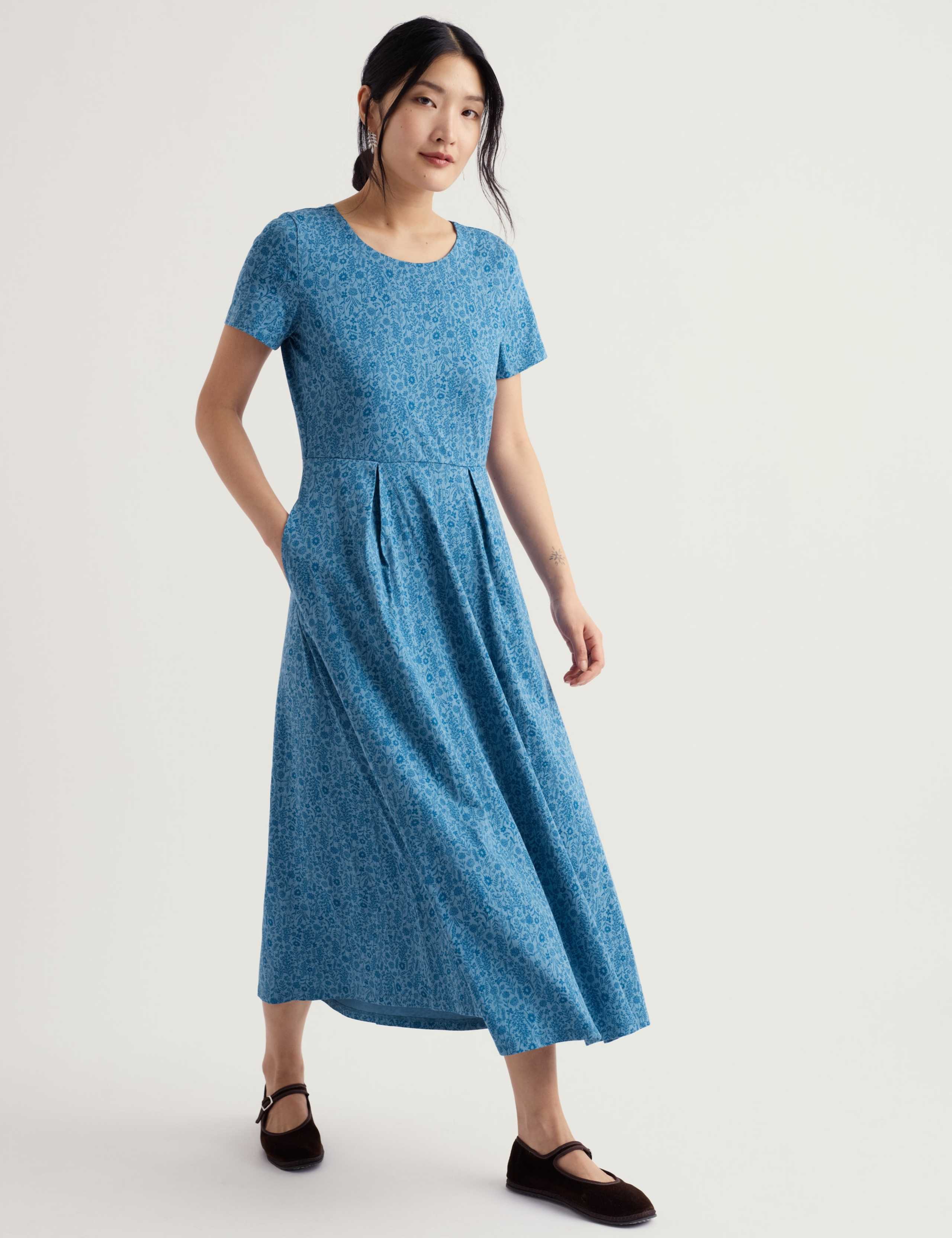 Cotton Rich Floral Midi Waisted Dress 1 of 5