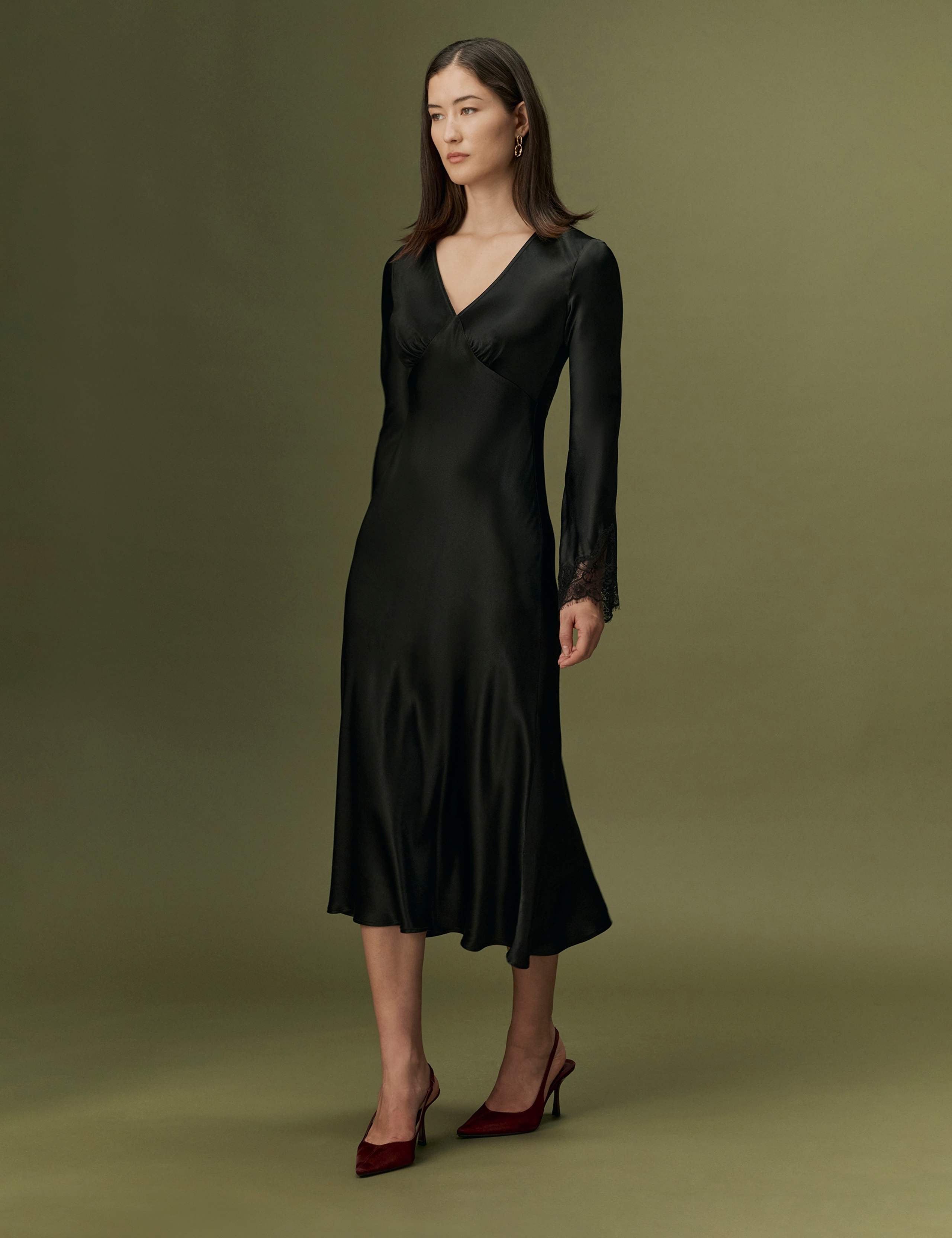 Satin V-Neck Lace Insert Midi Dress 2 of 9