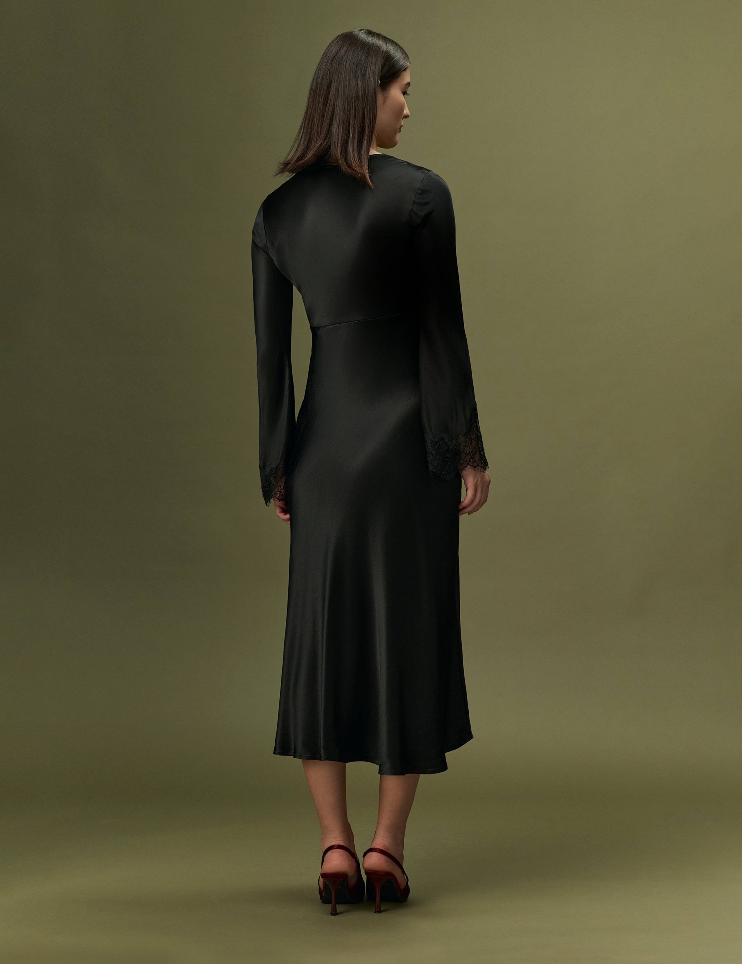 Satin V-Neck Lace Insert Midi Dress 3 of 9