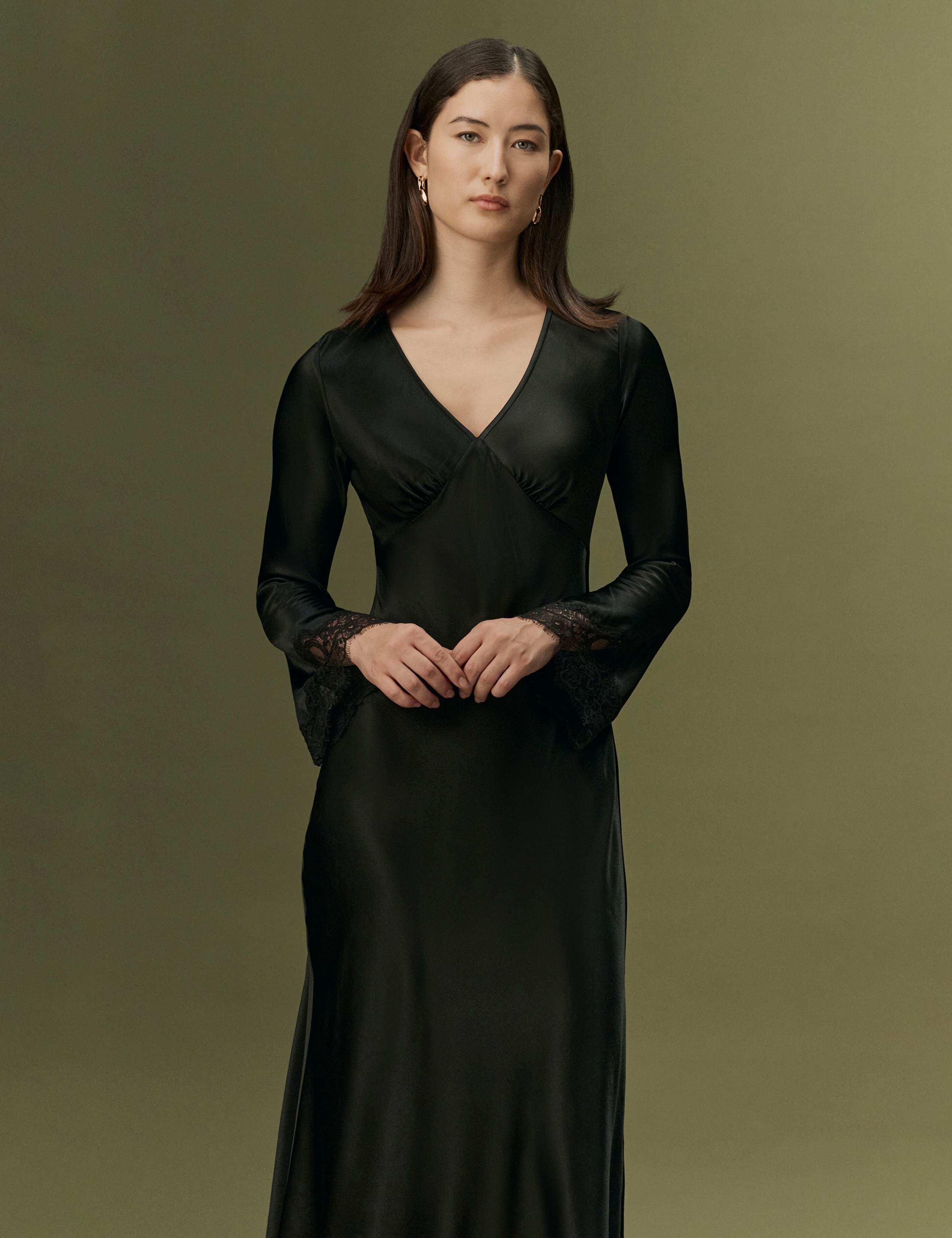 Satin V-Neck Lace Insert Midi Dress 5 of 9