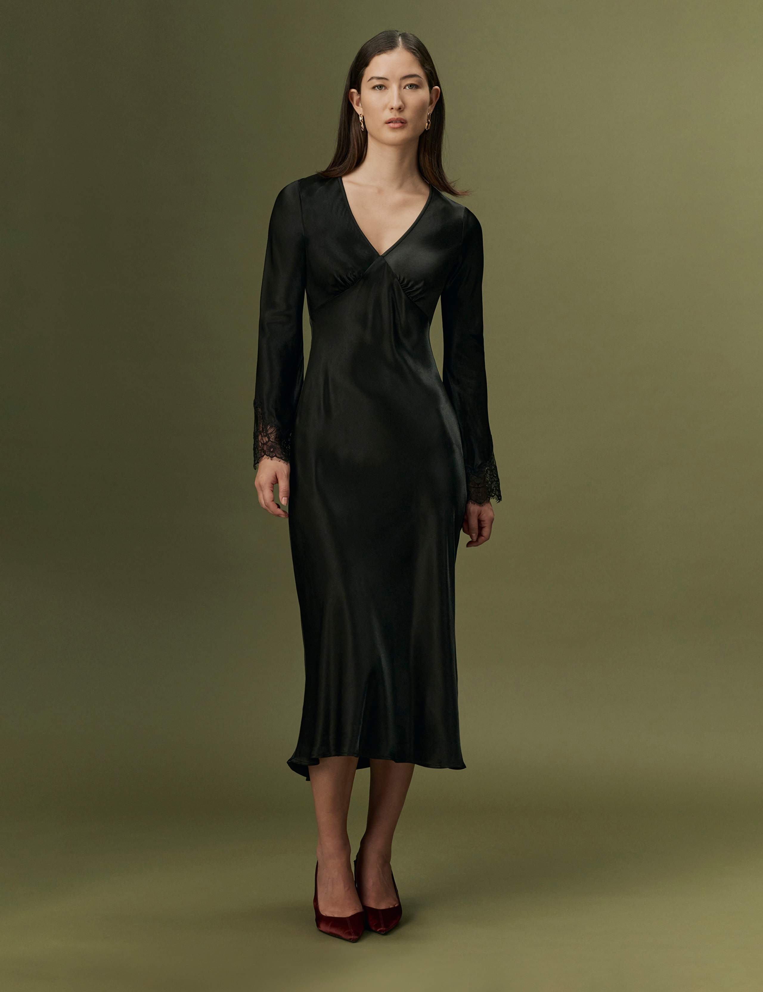 Satin V-Neck Lace Insert Midi Dress 9 of 9