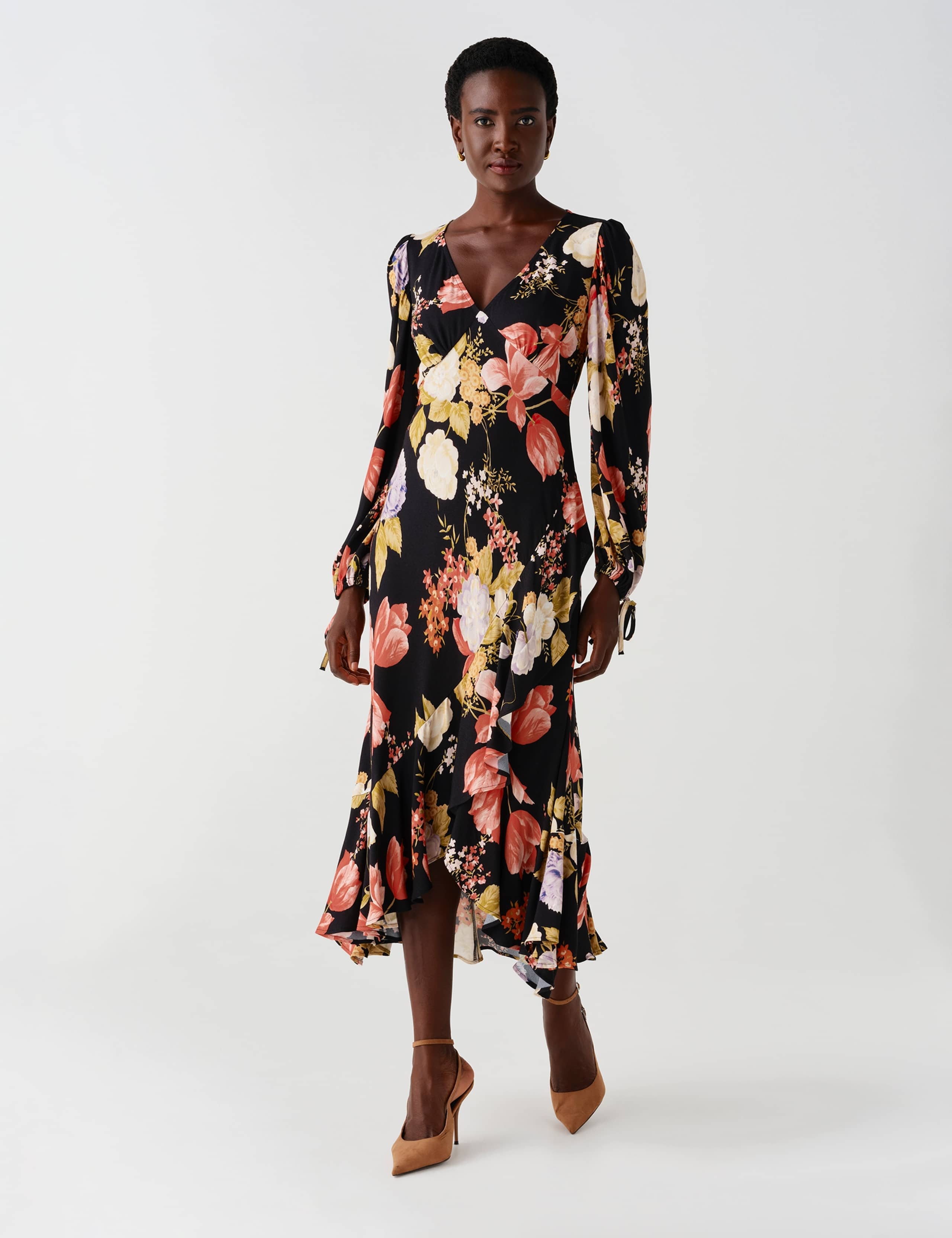 Satin Floral V Neck Frill Hem Midi Dress 1 of 12