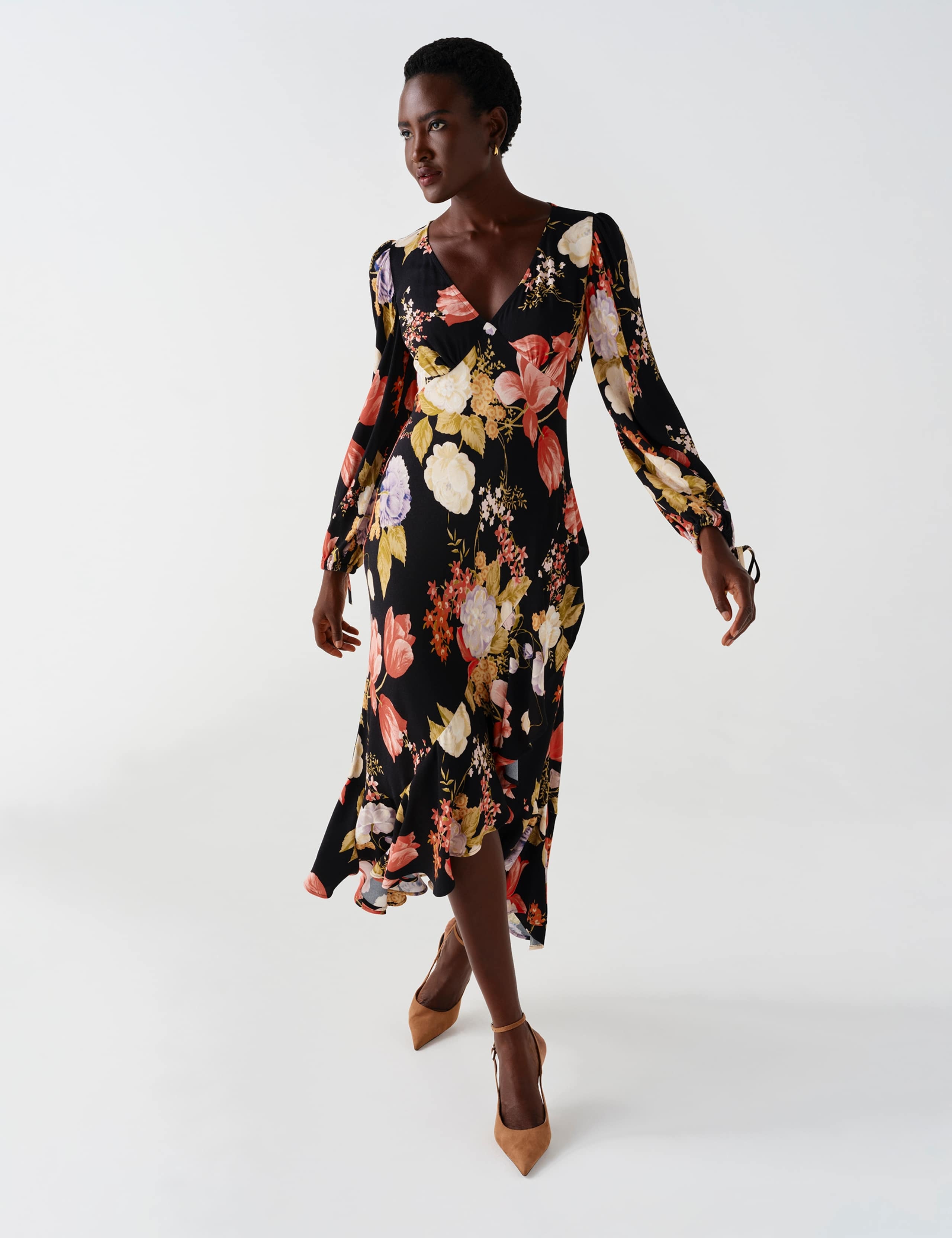Satin Floral V Neck Frill Hem Midi Dress 2 of 12