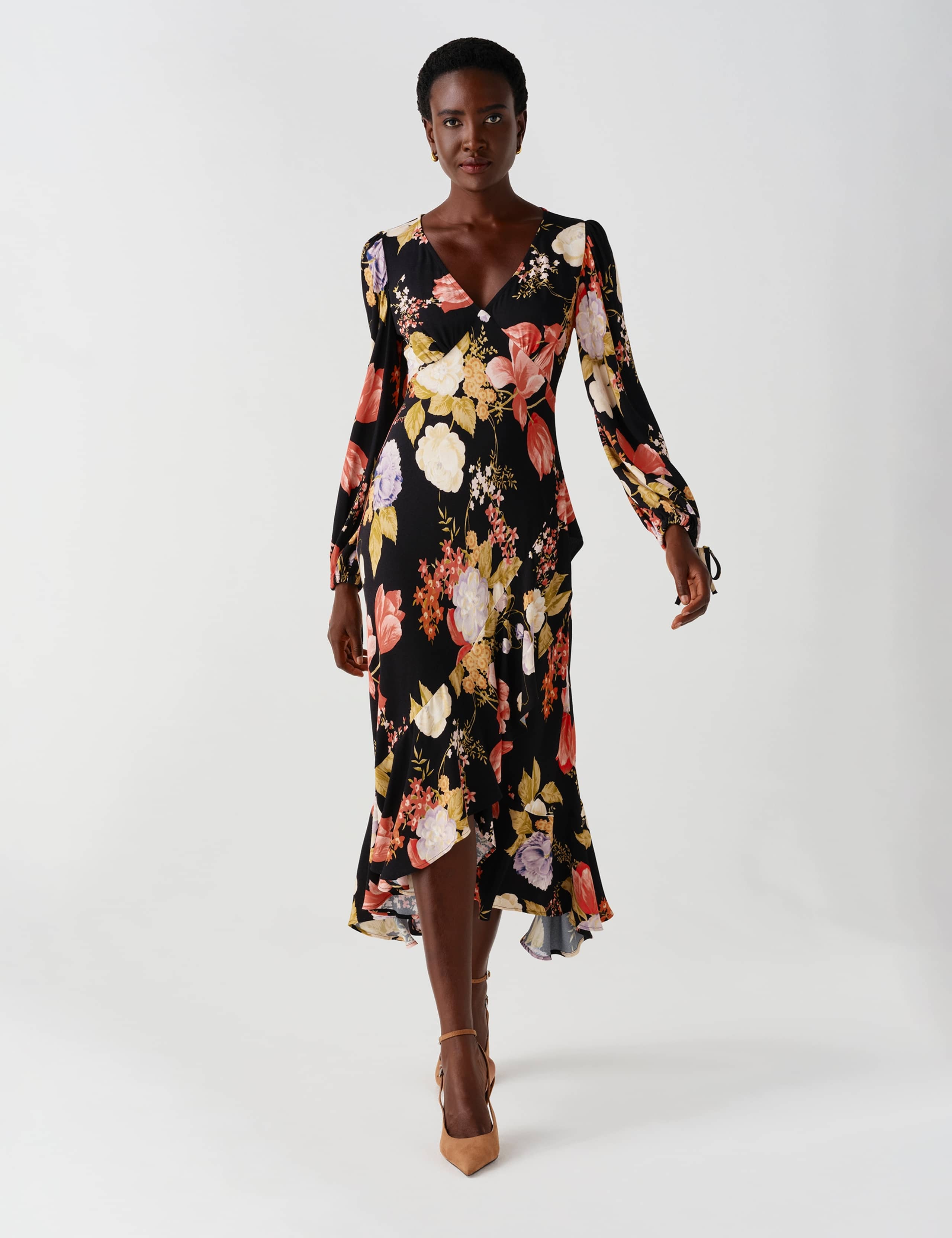 Satin Floral V Neck Frill Hem Midi Dress 11 of 12