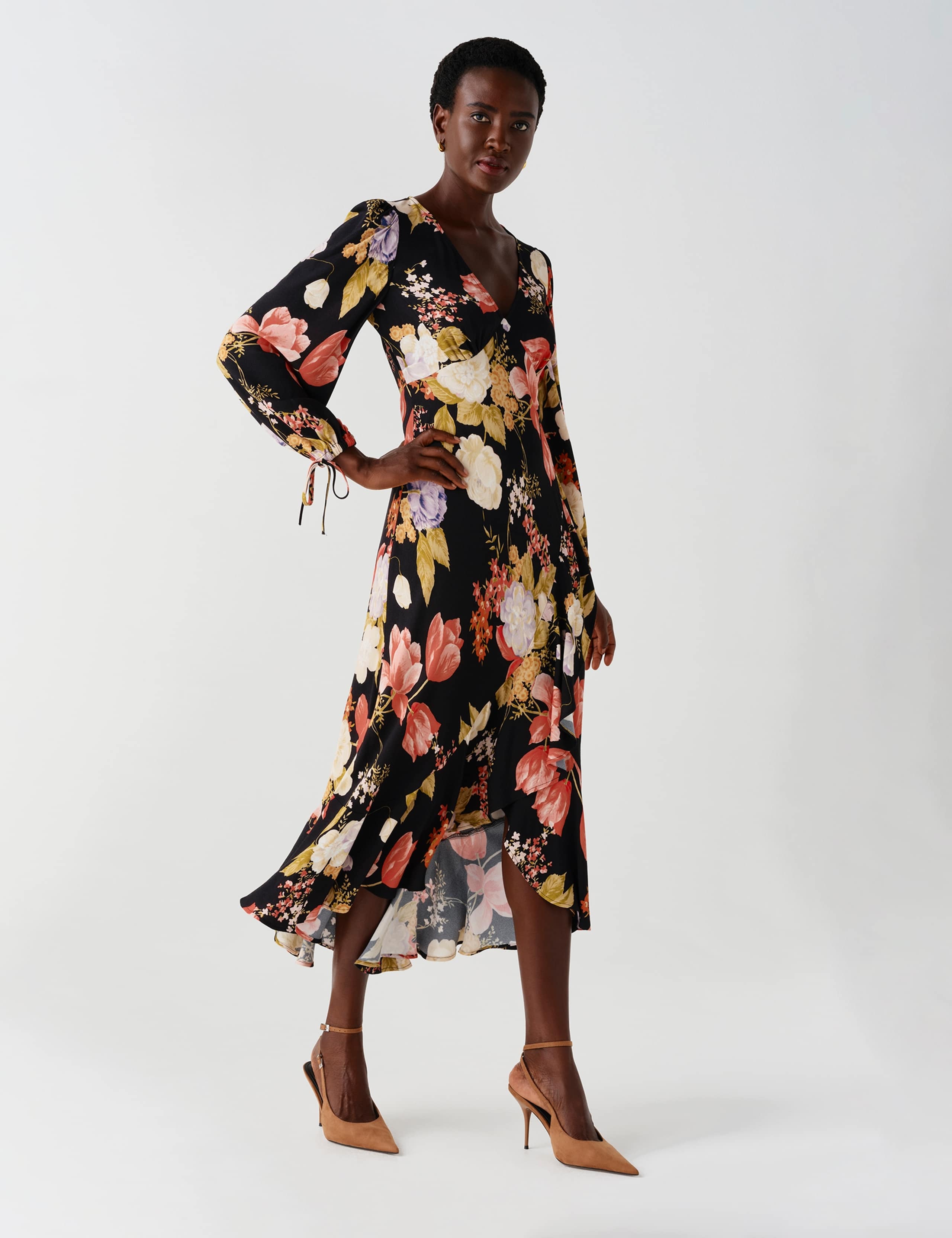 Satin Floral V Neck Frill Hem Midi Dress 12 of 12