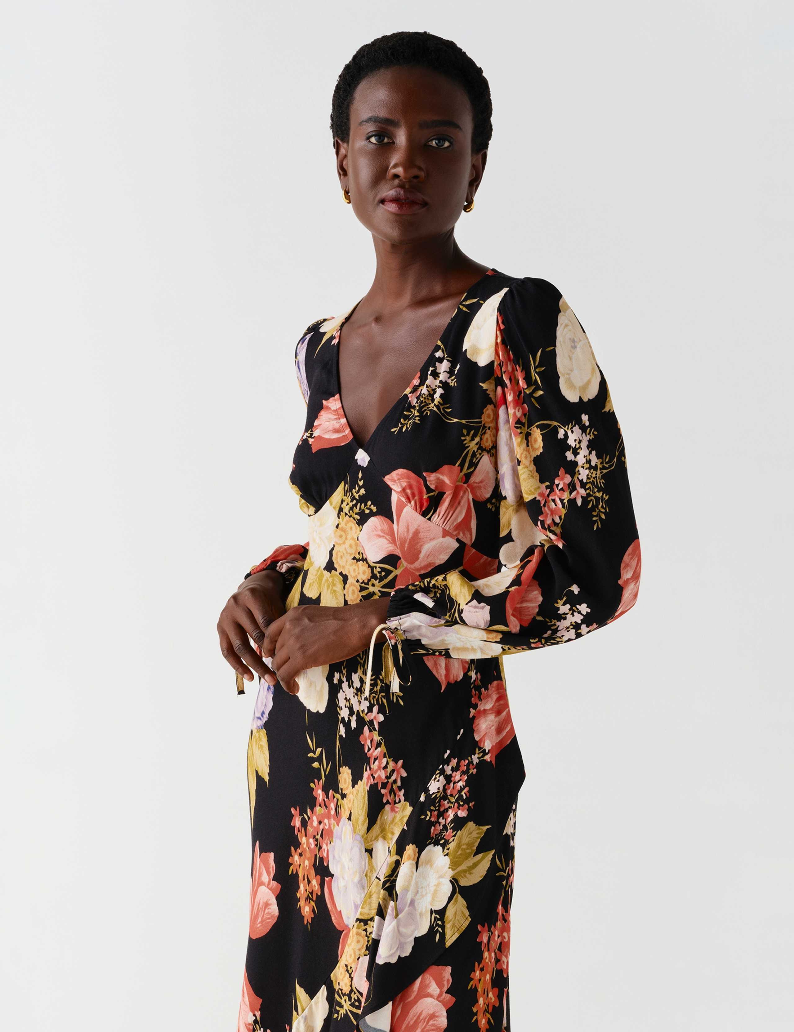 Satin Floral V Neck Frill Hem Midi Dress 3 of 12
