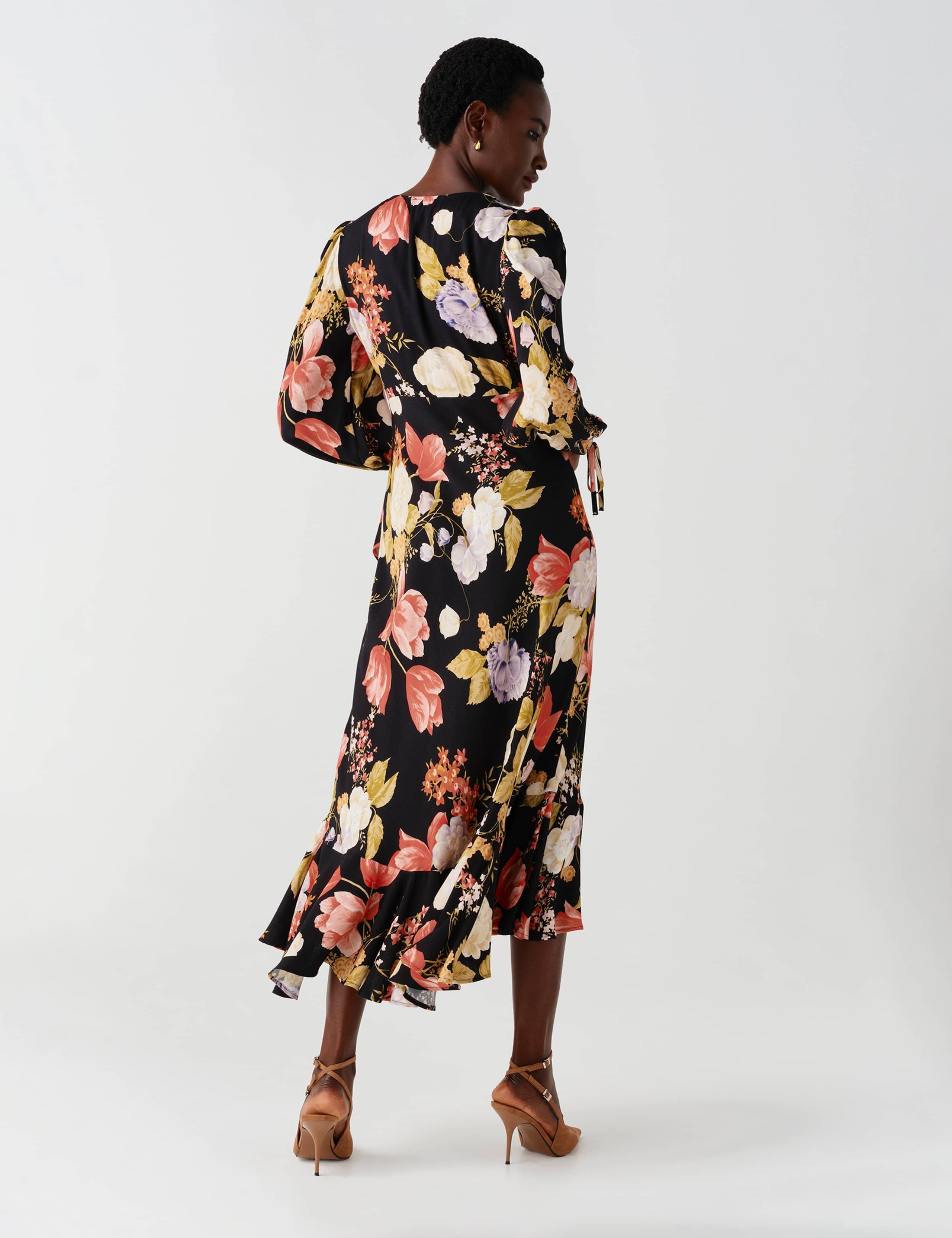 Satin Floral V Neck Frill Hem Midi Dress 4 of 12