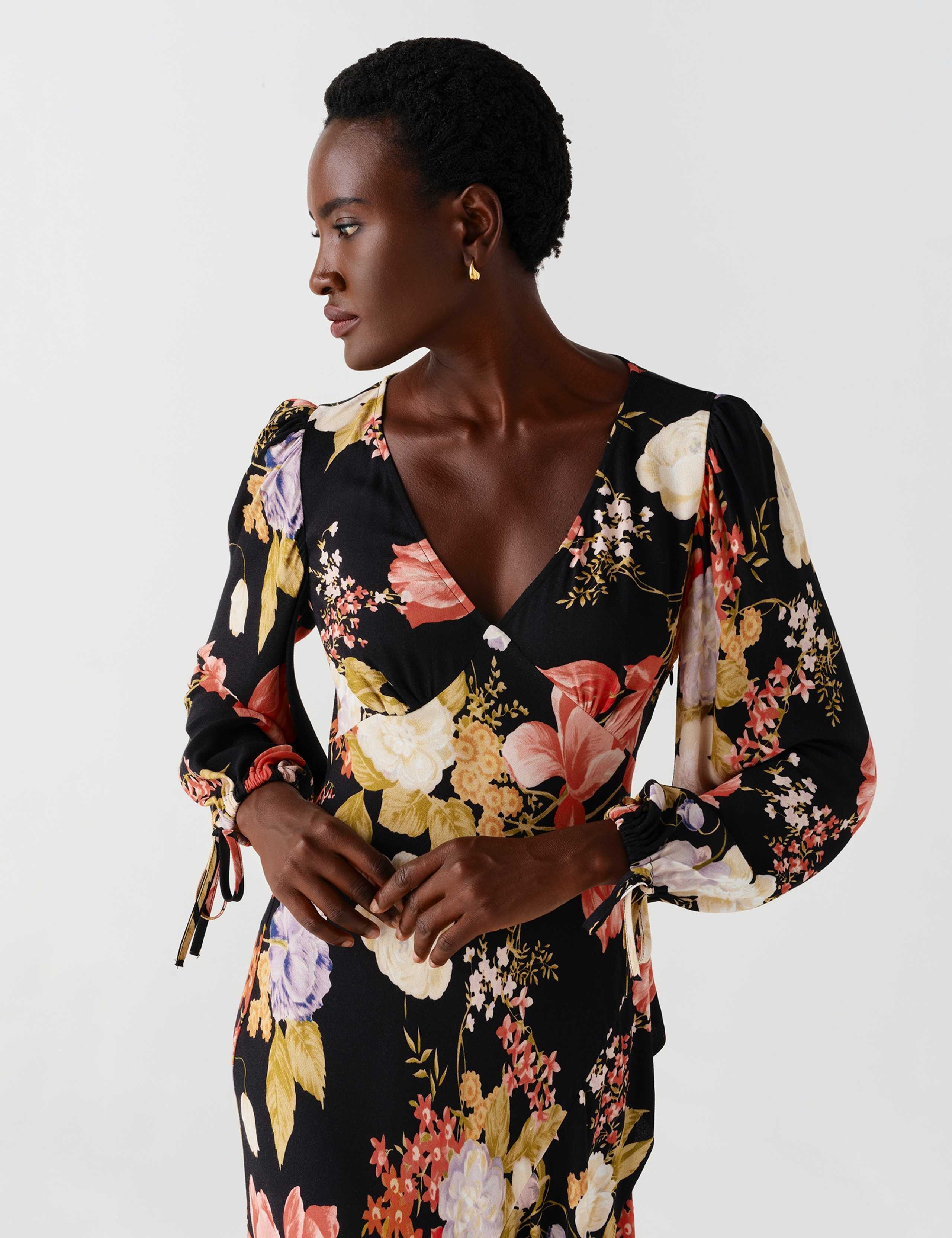 Satin Floral V Neck Frill Hem Midi Dress 5 of 12