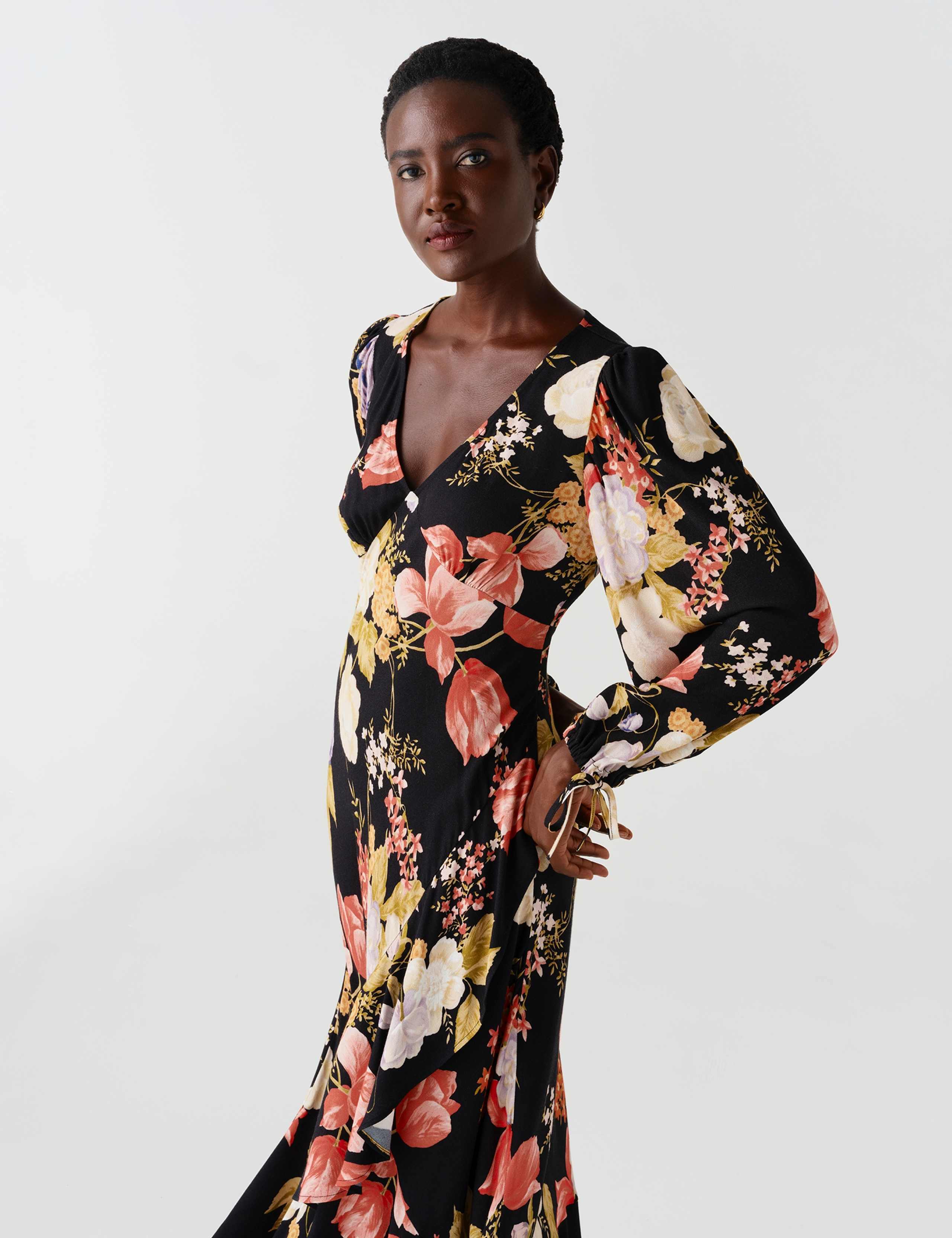 Satin Floral V Neck Frill Hem Midi Dress 6 of 12
