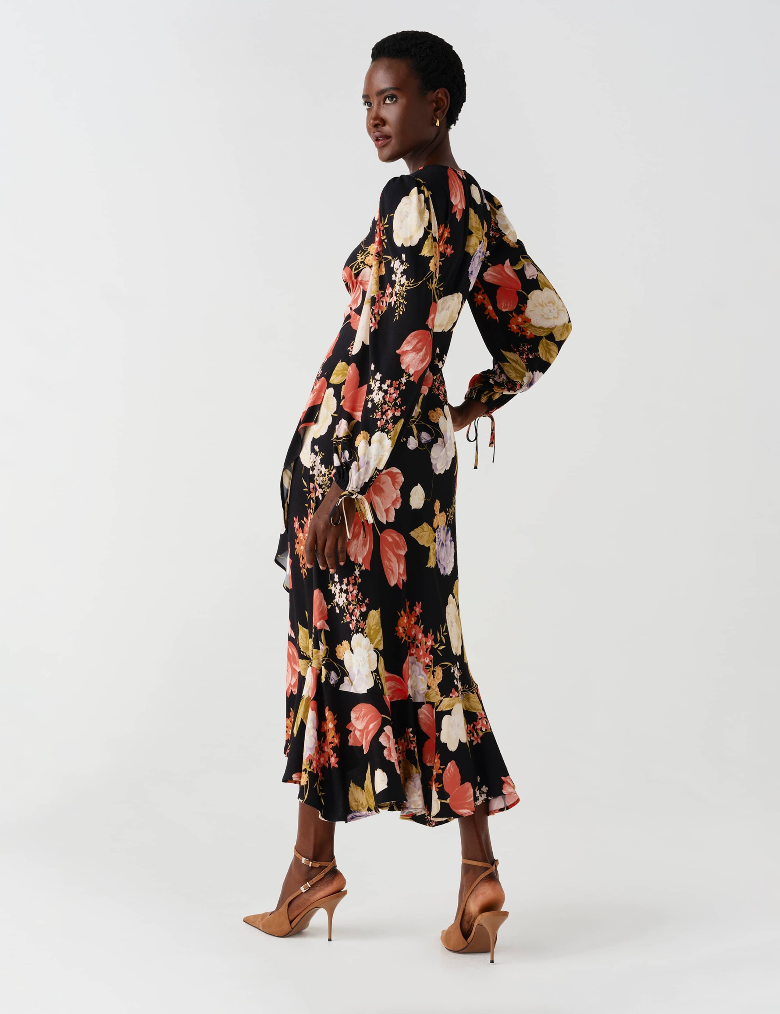 Satin Floral V Neck Frill Hem Midi Dress 7 of 12