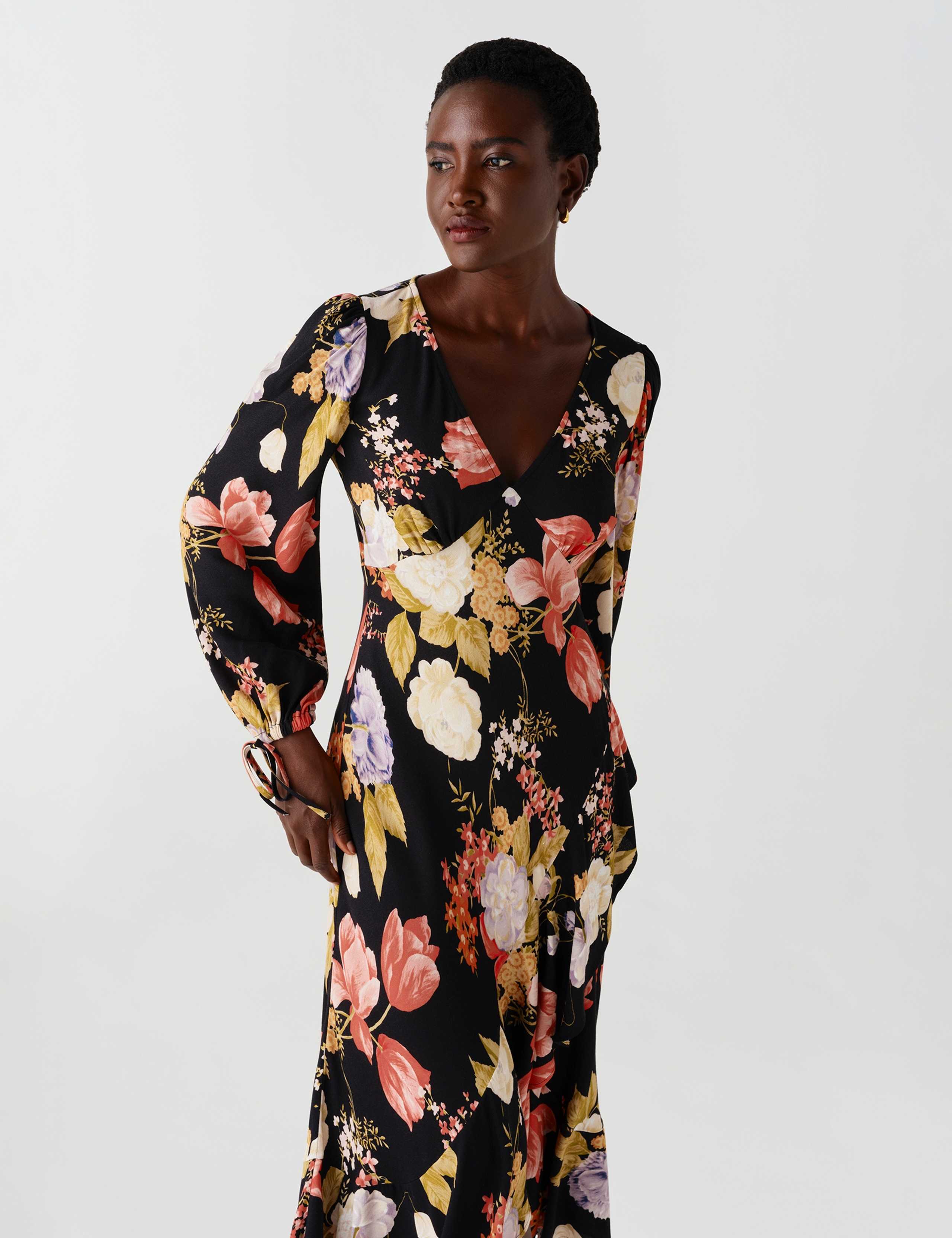 Satin Floral V Neck Frill Hem Midi Dress 8 of 12
