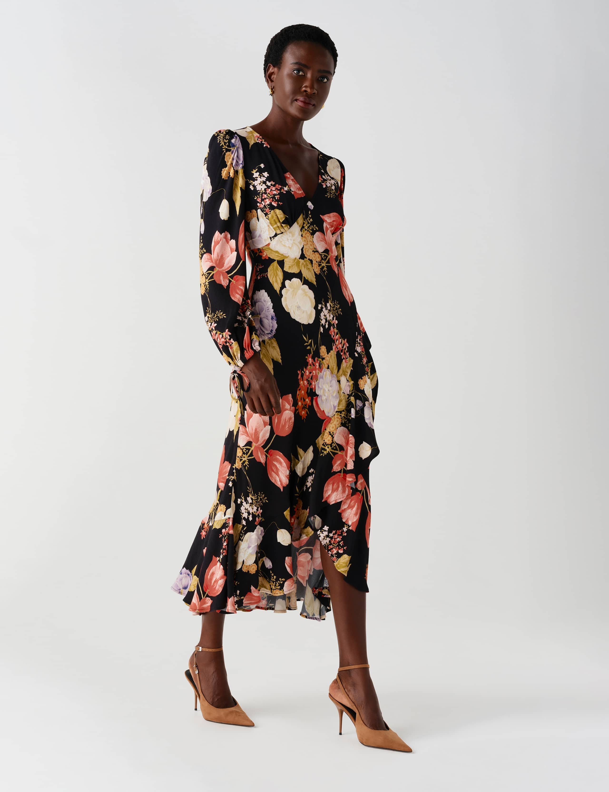 Satin Floral V Neck Frill Hem Midi Dress 9 of 12