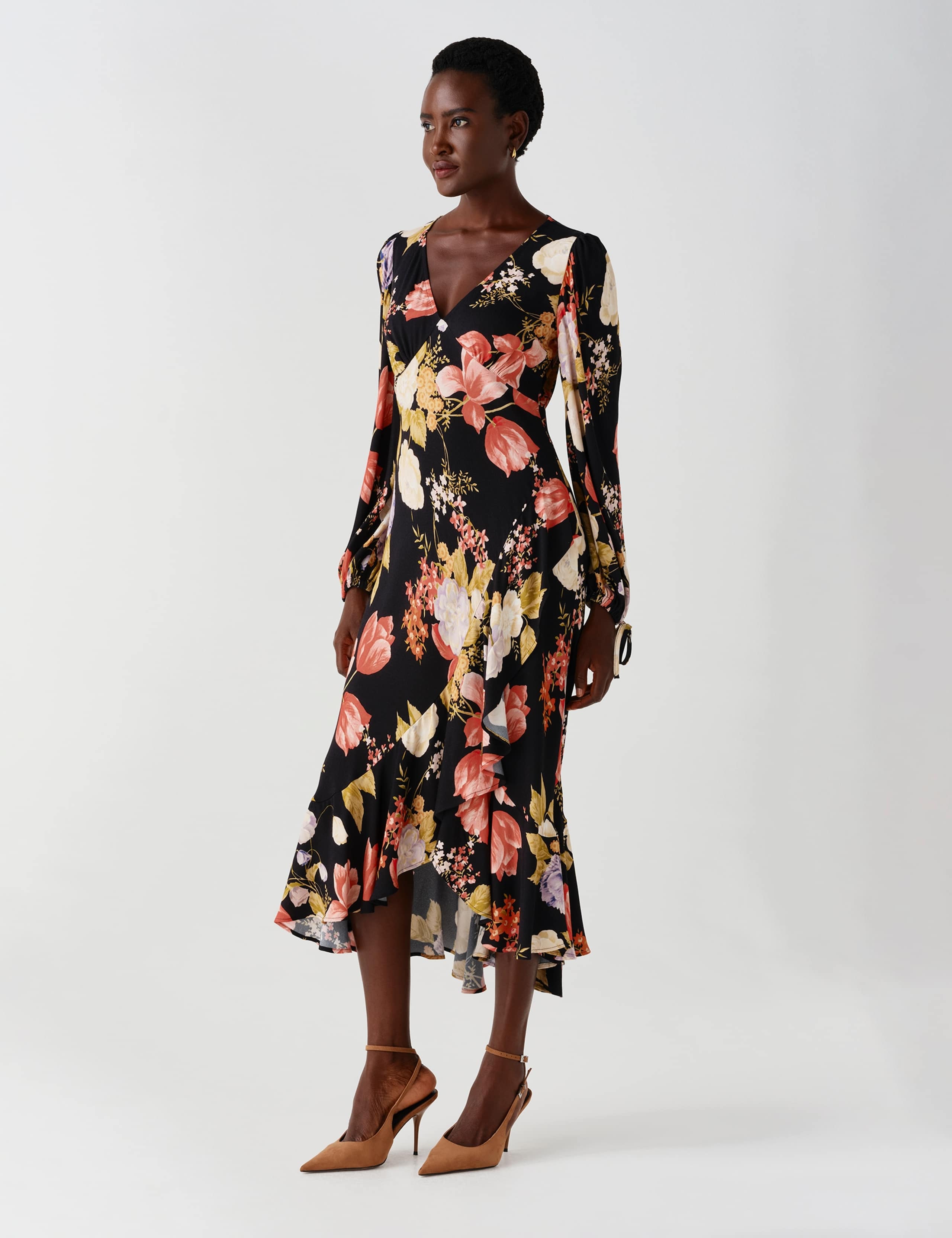 Satin Floral V Neck Frill Hem Midi Dress 10 of 12