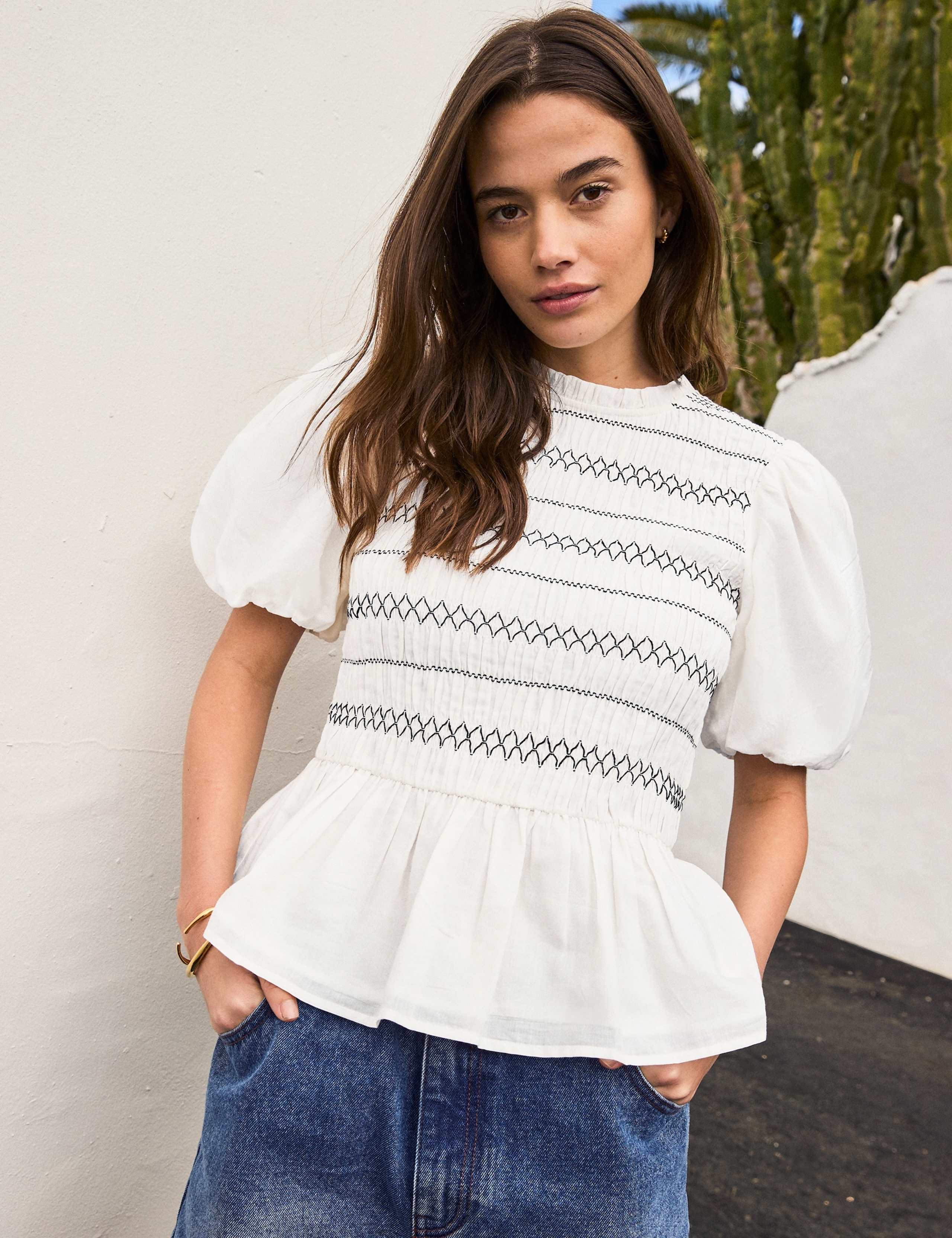 Cotton Rich Shirred Puff Sleeve Top 1 of 8