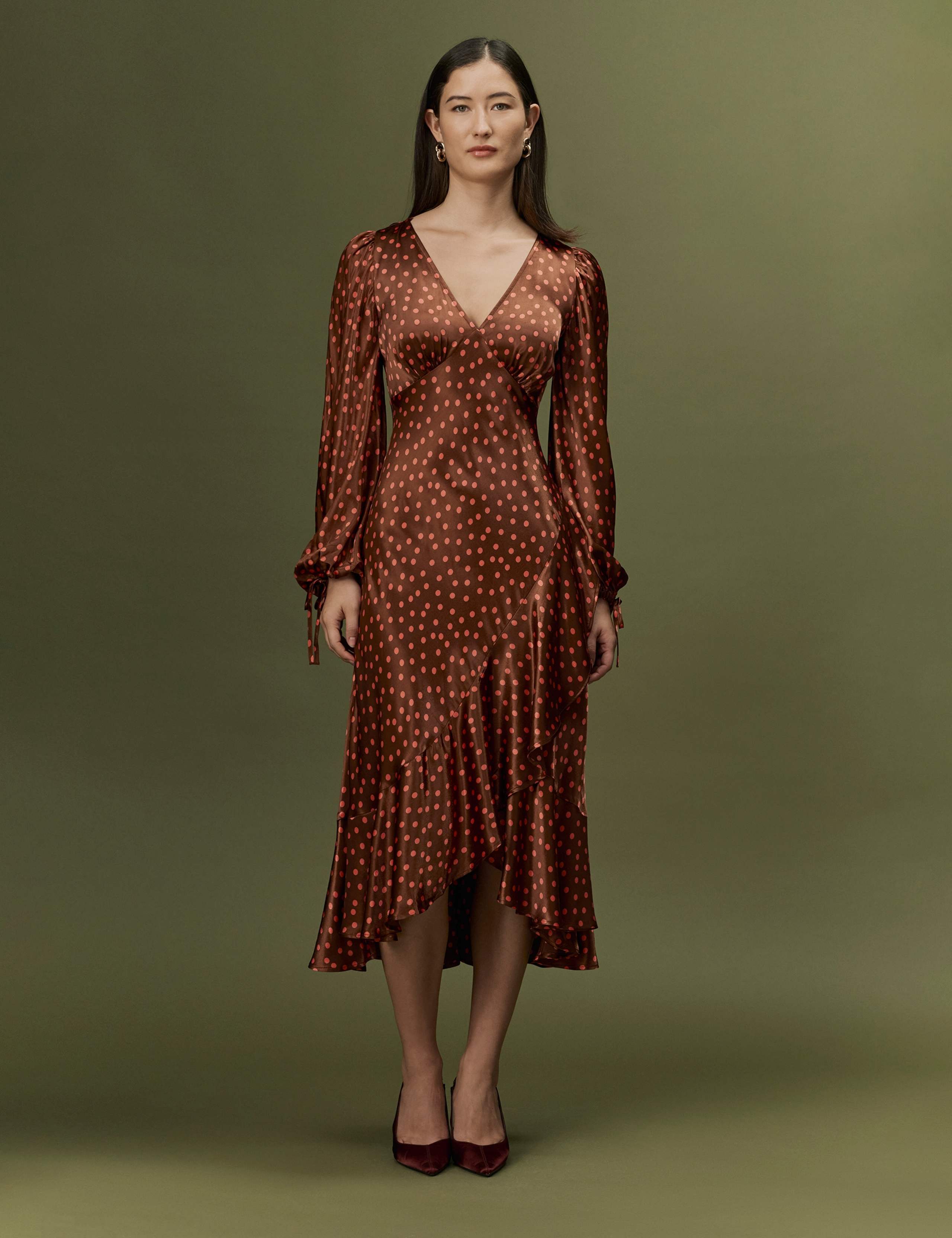 Satin Polka Dot V Neck Frill Hem Midi Dress 1 of 7