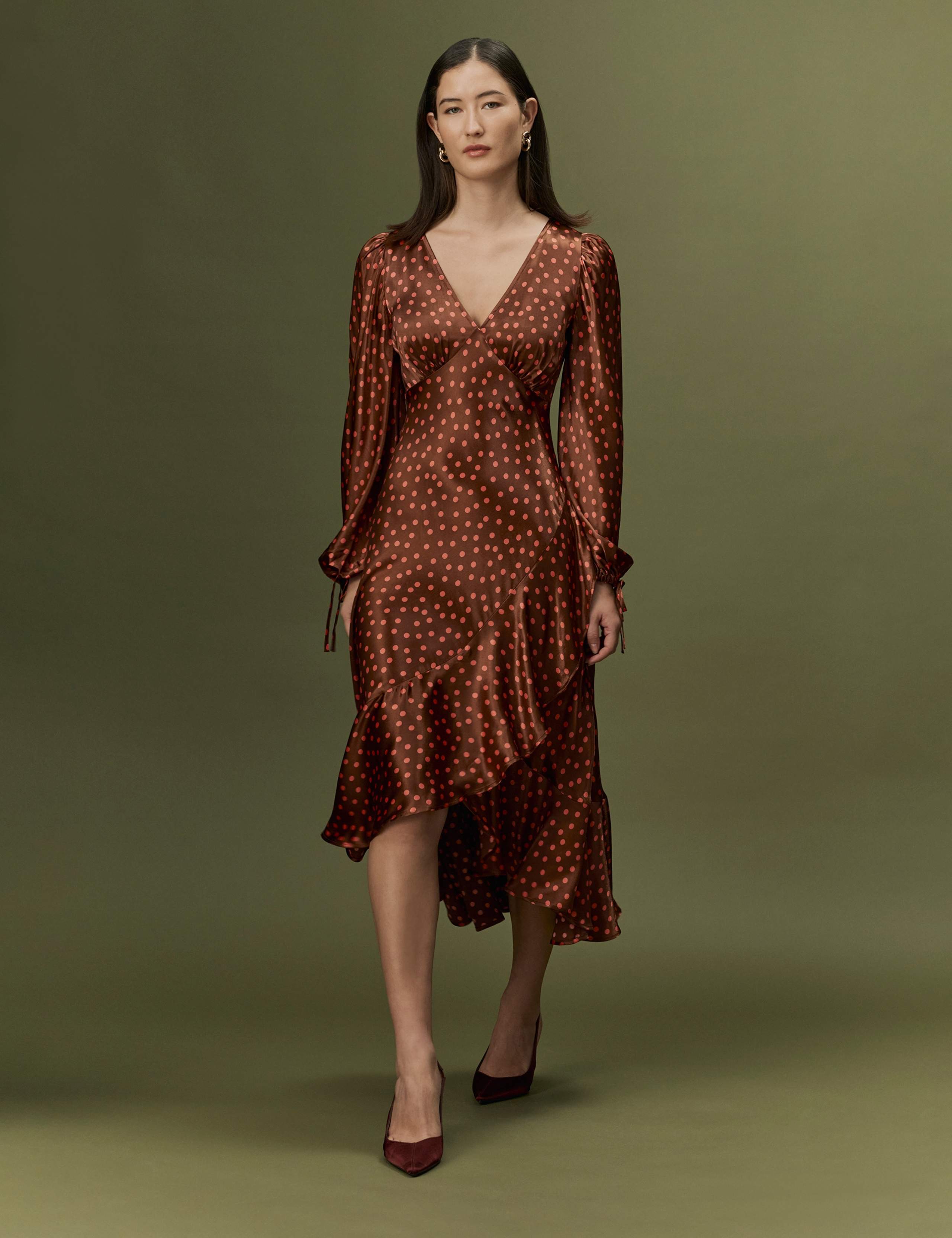 Satin Polka Dot V Neck Frill Hem Midi Dress 2 of 7